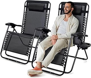 SUNMER Extra Wide Set of 2 Sun Lounger Garden Chairs With Cup And Phone Holder - Deck Folding Recliner Zero Gravity Outdoor Chair -Black