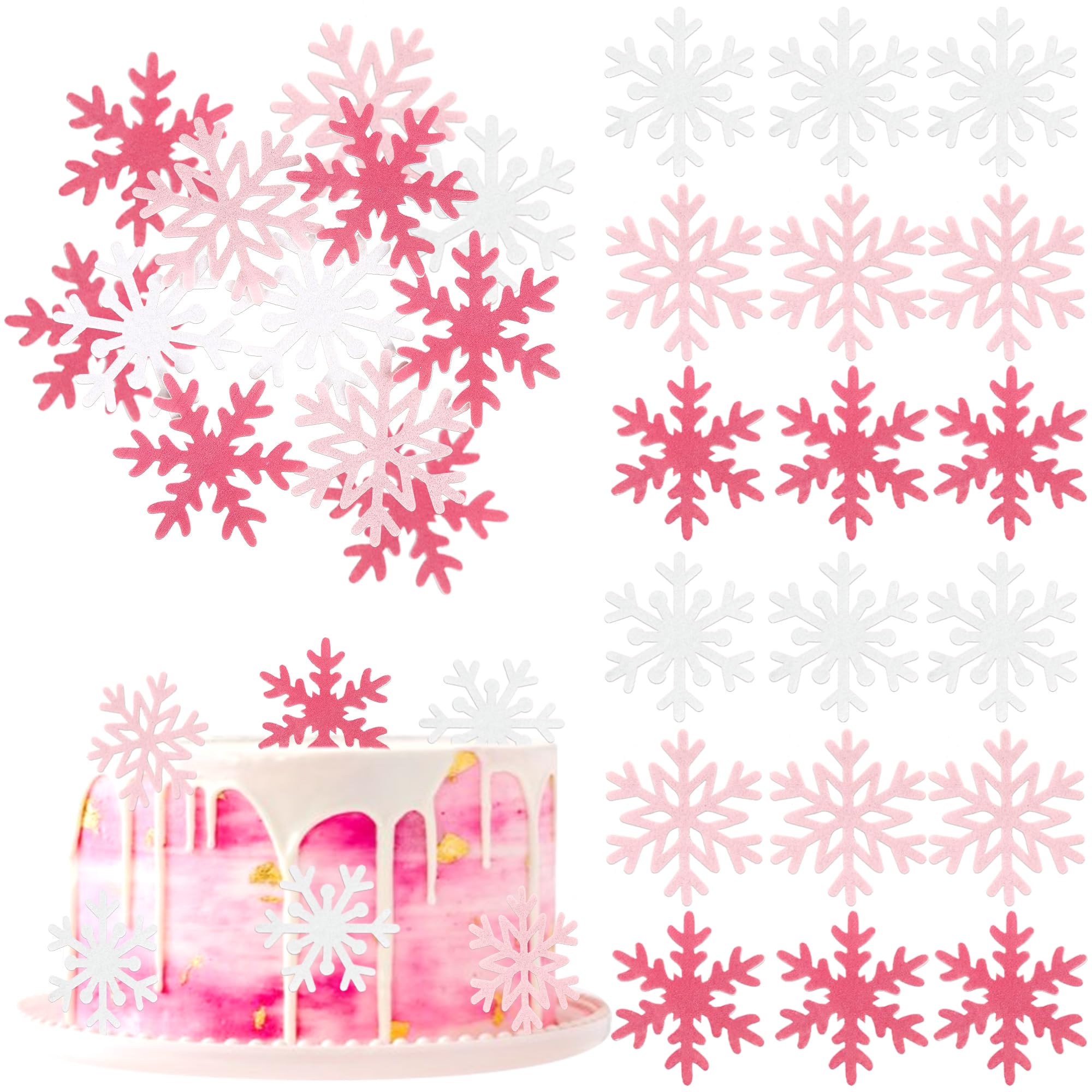 Xsstarmi 60 Pack Edible Snowflake Cupcake Toppers Rice Paper Snowflake Christmas Party Cupcake Picks for Winter Frozen Theme Baby Shower Birthday Party DIY Cake Decorations Pink White Pink