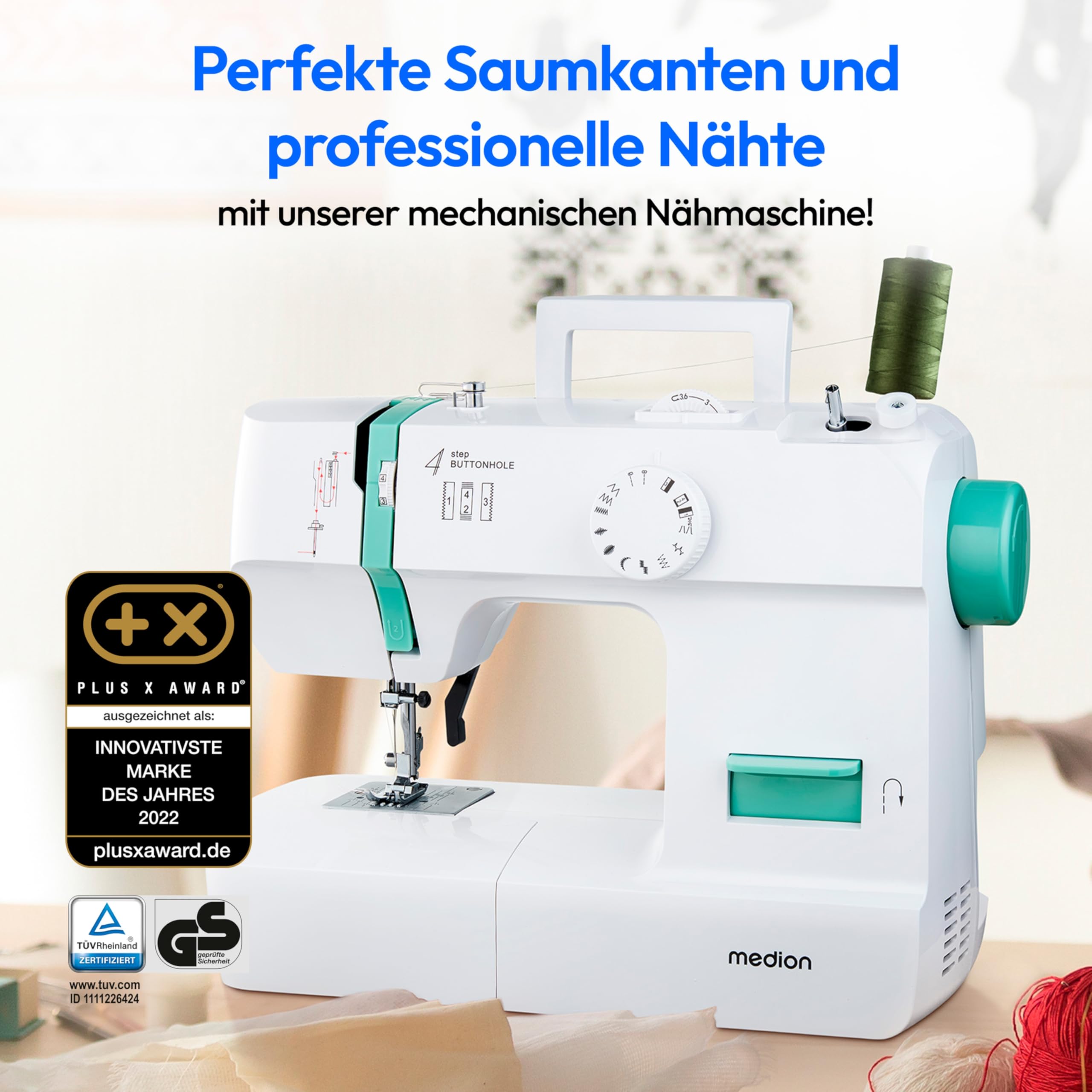 MEDION Nähmaschine SM70 (70 Watt, 12 verschiedene Stichmuster, LED-Nählicht, verstellbare Stichlänge, Rückwärtstaste, Fadenabschneider, MD11179) türkis