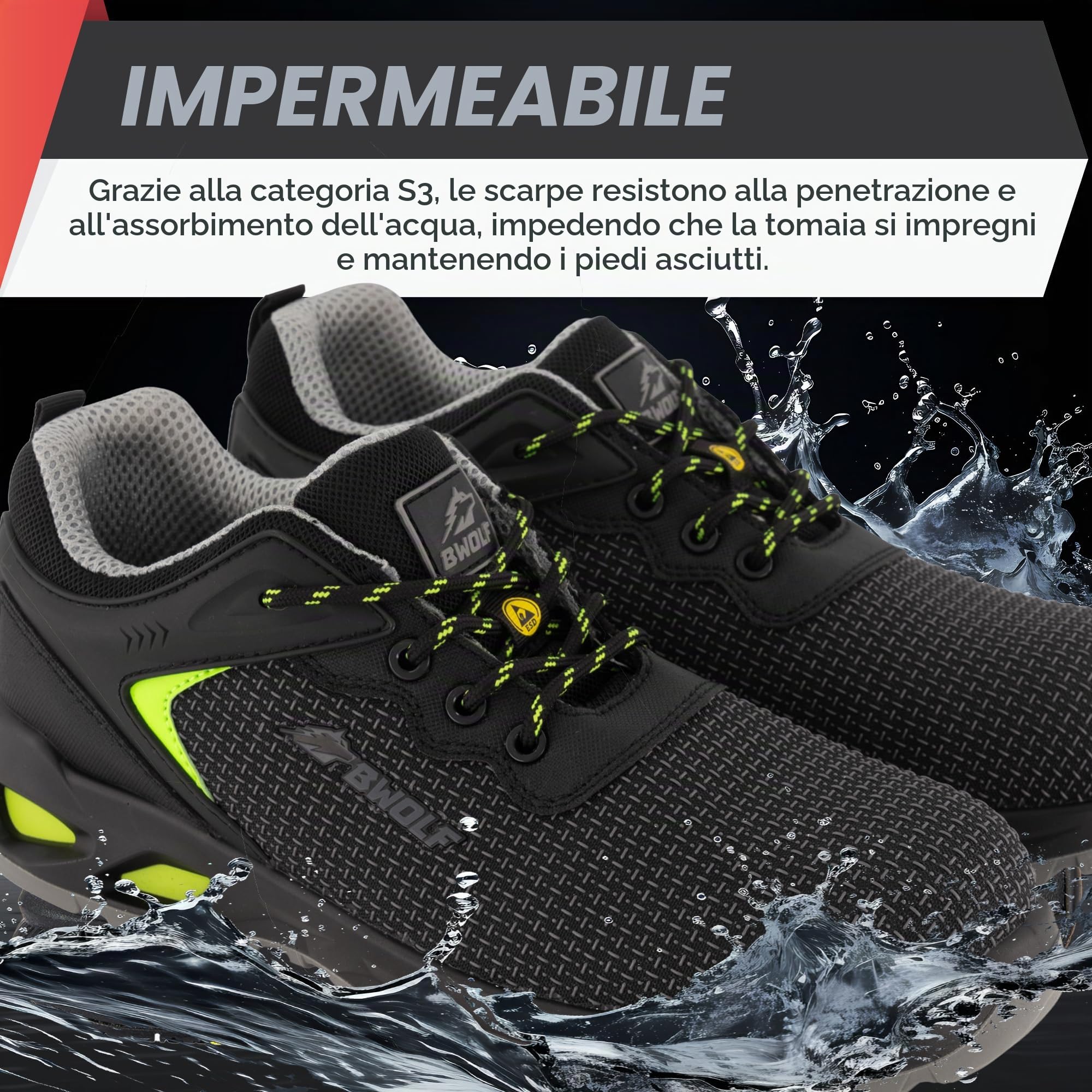 BWOLF S3S Scarpe Antinfortunistiche Uomo S3 da Materiale Innovativo, Impermeabili, 4x4 Grip Tech, Suola Ergo ESD
