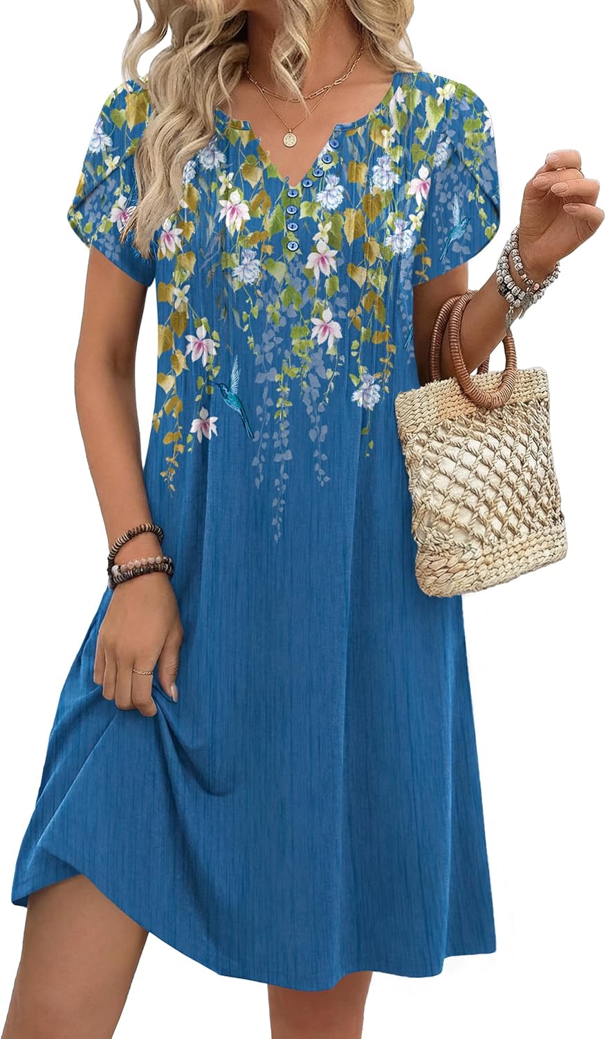 Zeagoo Women's Casual Dresses with Pockets Summer Floral V-Neck A-Line Tshirt Dress Short Sleeve Mini Dress Beach Sundress