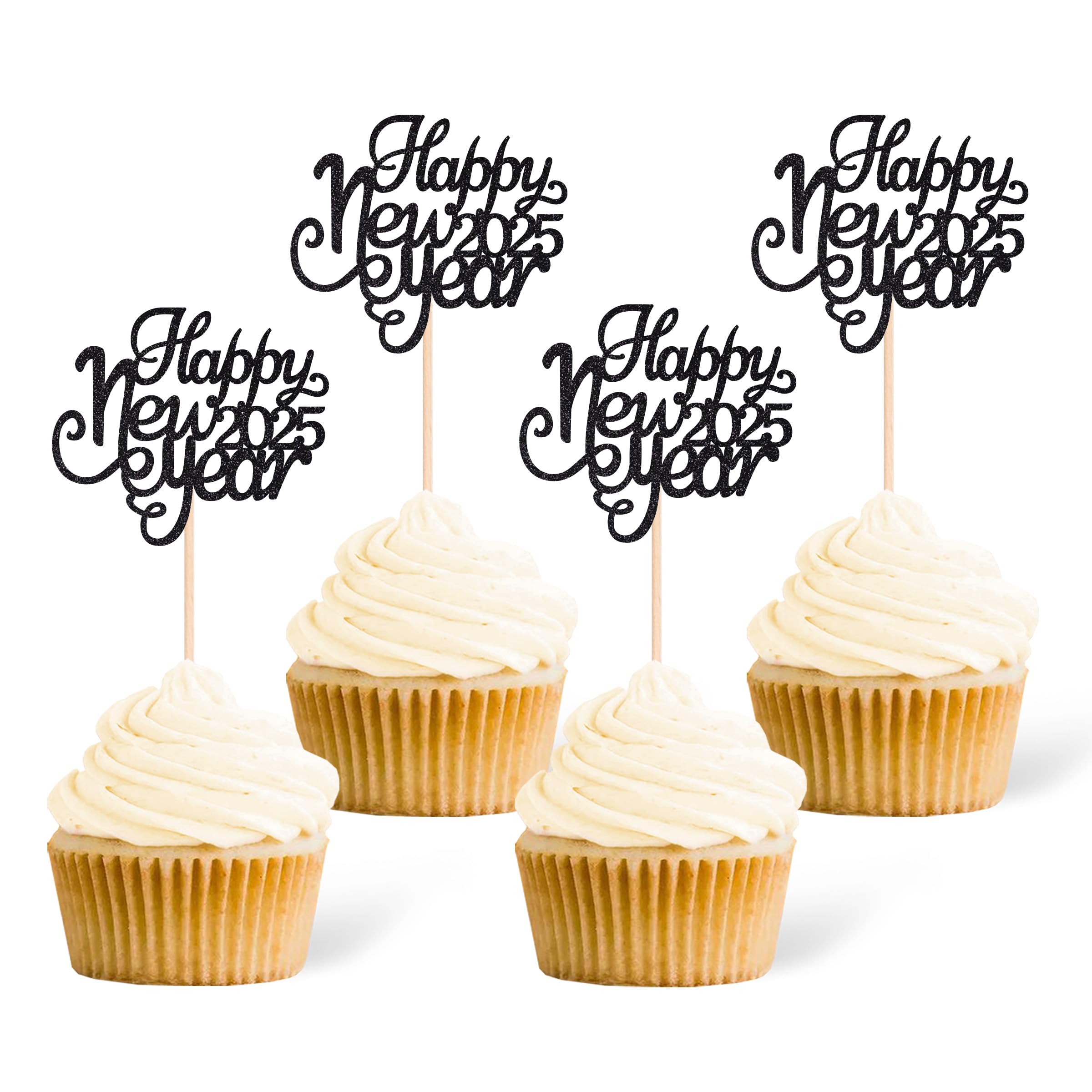 Gexolenu 24 Pcs 2025 Happy New Year Cupcake Toppers Glitter Black Welcome 2025 Cake Picks Cheers To 2025 Cupcake Toppers For New Year Eve Party Decoration Supply