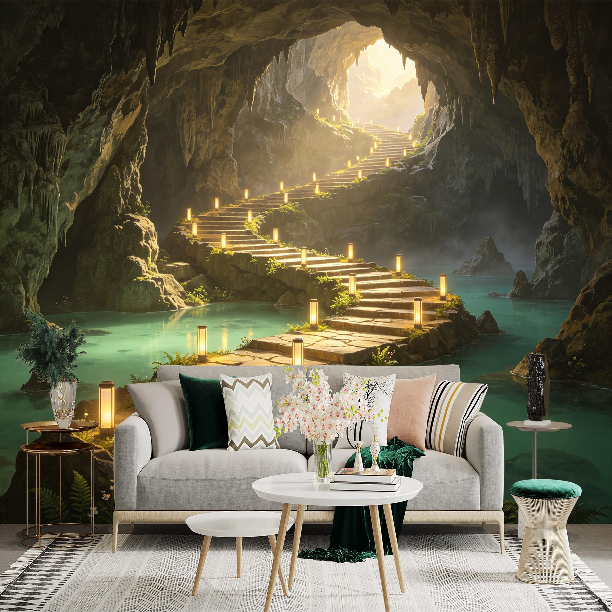 Custom Size Wall Sticker Mural， Mysterious Limestone Cave with Glowing Stone Stairs， Tranquil Underground Lake， Lit Path， for wall Decoration， peelandstick wall Decals.