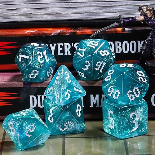 Miniatura 6 de CiaraQ DND - Juego de dados poliédricos para juegos de rol de Dungeons and Dragons RPG MTG, con 1 bolsa de dados (aguamarina + brillantina)