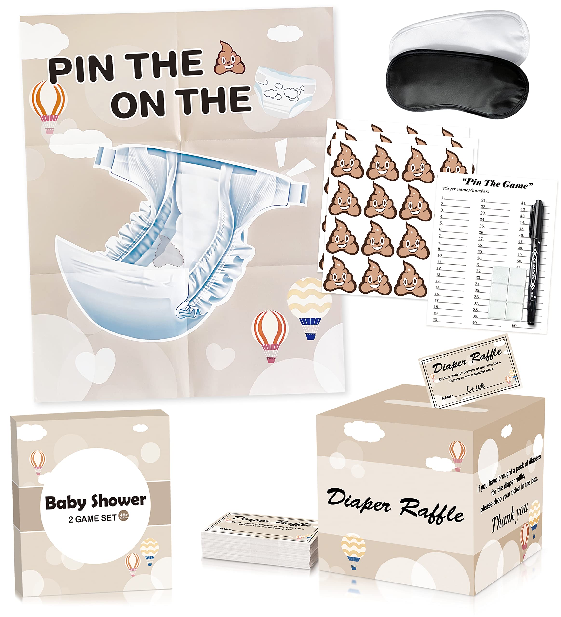 Baby Shower Game Set - Includes Pin The Pacifier & Diaper Raffle With Poster, Crown, Tickets & Blindfolds
