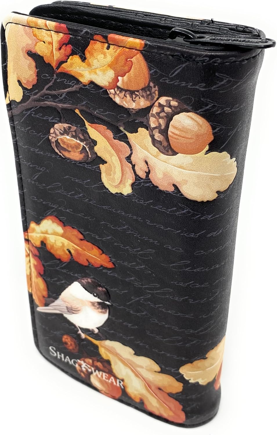 Shag Wear Acorn and Chickadee Large Wallet for Women and Teen Girls Vegan Faux Leather 7" Black