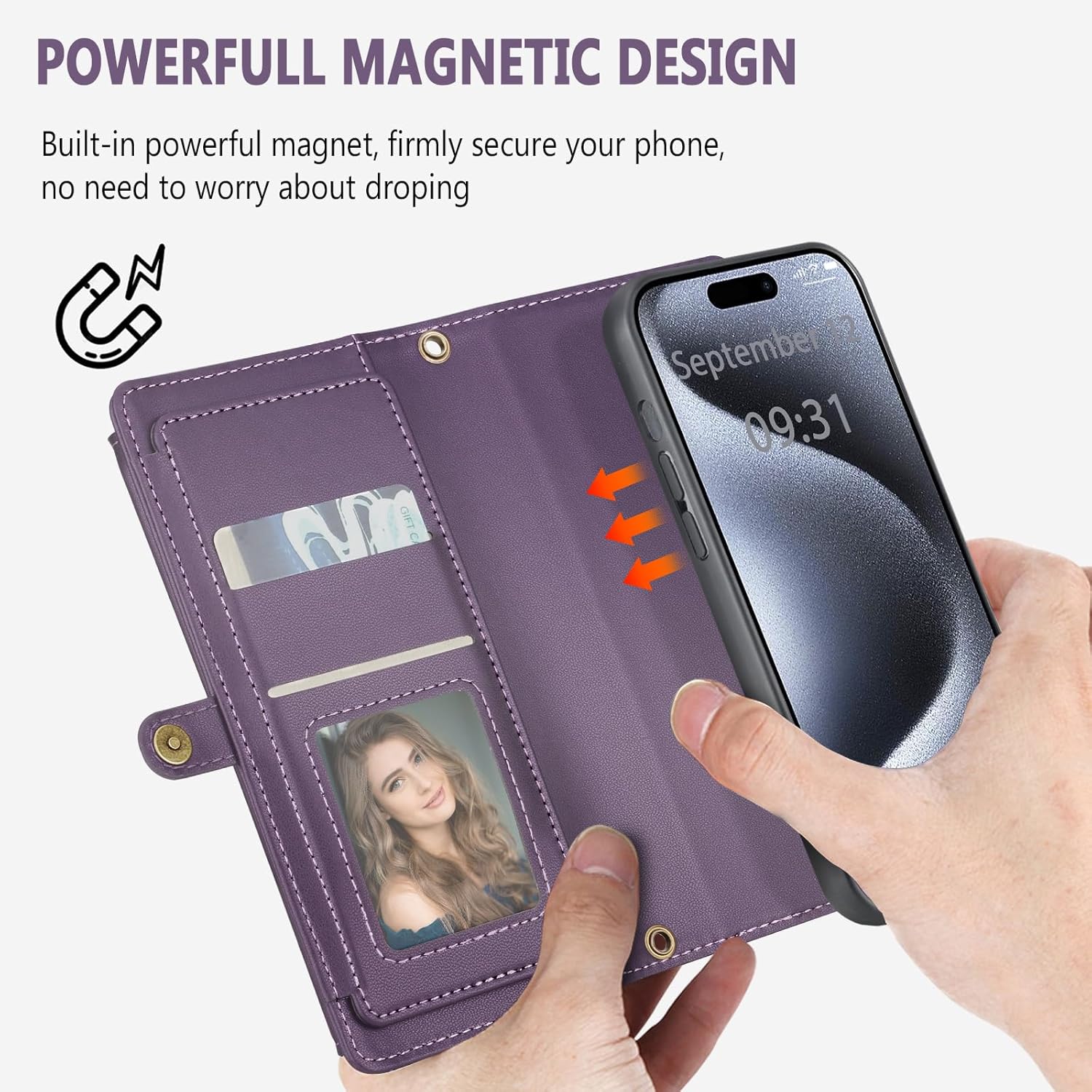 Wallet Case for iPhone 15 Pro with Card Holder/Crossbody Wallet/Wrist Strap,[RFID Blocking][Magnetic] PU Leather Shockproof Protective Cover iPhone 15 Pro Phone Case,6.1 in,Purple