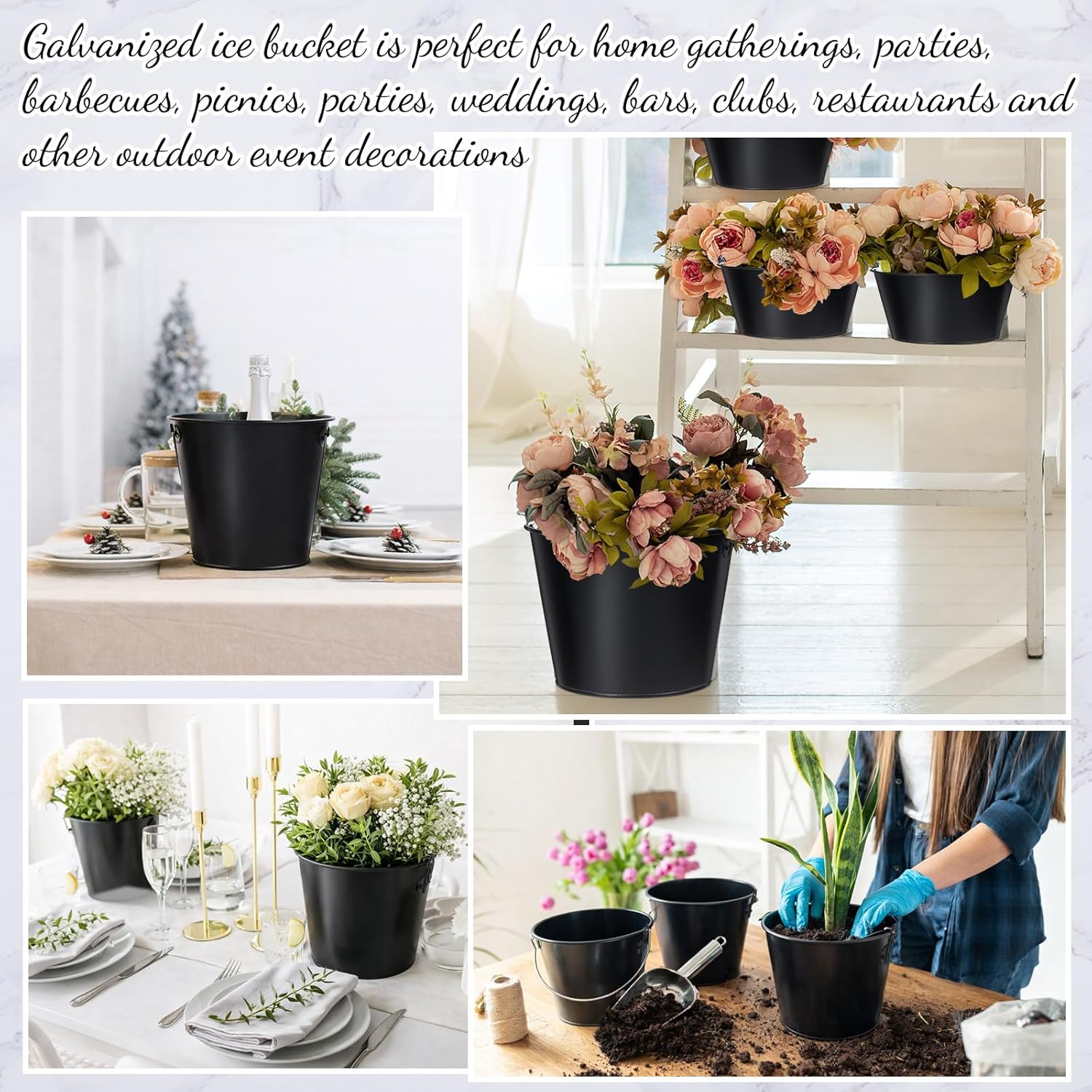 Zopeal 38 Pcs Galvanized Beer Buckets with Handle Metal Ice Buckets with Shovels and Tongs for Beer Drinking Summer Pool Party Wedding Table Centerpiece Crafts (Matte Black)