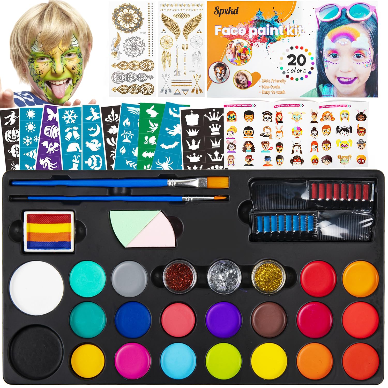 Face Painting Kit for Kids 20 Water Based Non-Toxic Sensitive Skin Paints 100 Stencils 3 Glitters 2 Hair Chalks Combs 2 Tattoos Sheets Face Painting Book Safe Professional Face Paint Kit For Kids