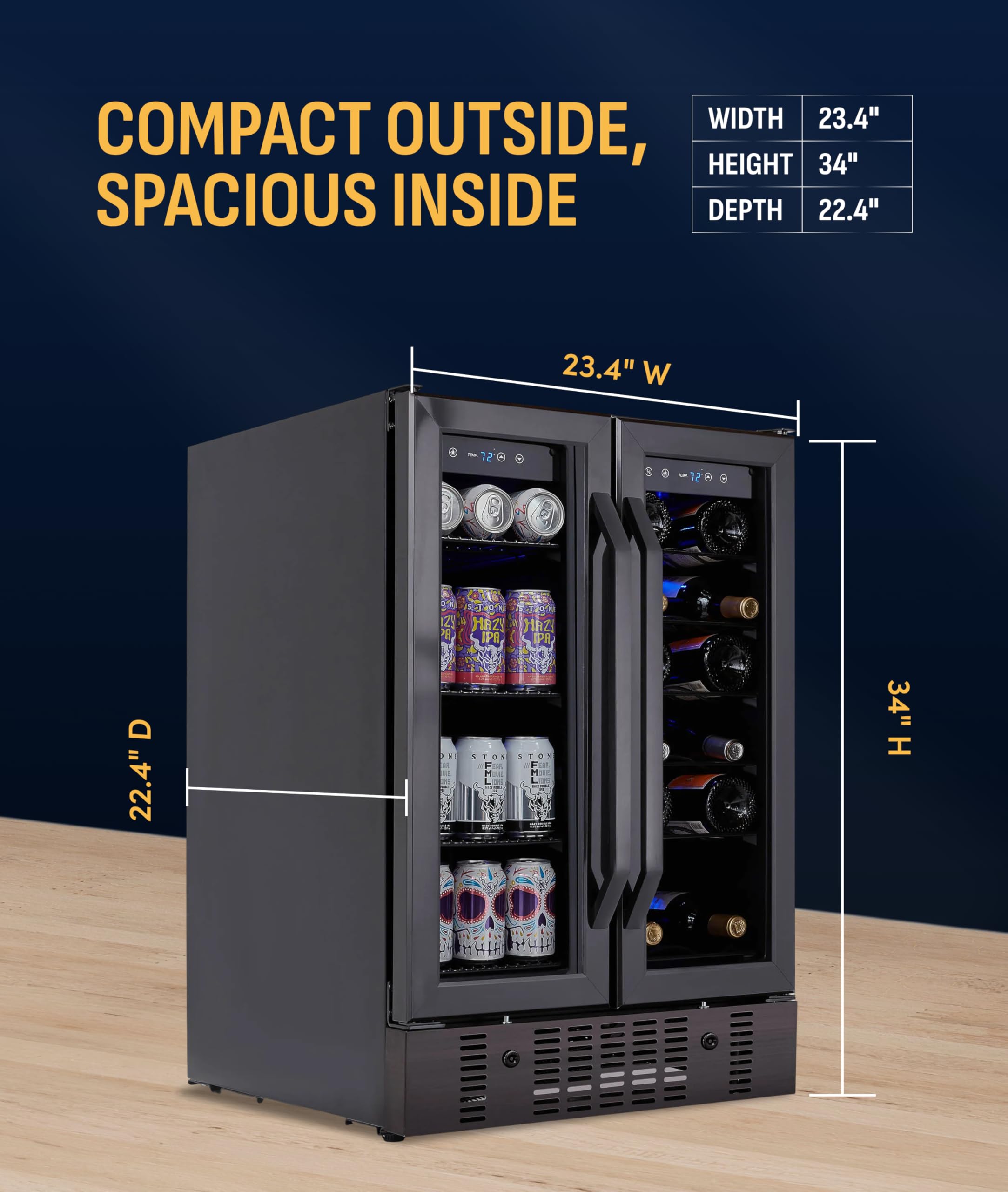 NewAir 24" Dual Zone Beverage Refrigerator & Wine Cooler For 18 Bottles & 58 Cans | Freestanding Or Built-In Under Counter Mini Fridge For Beer, Wine And Soda | Black Stainless Steel on Fridge.com - View 4