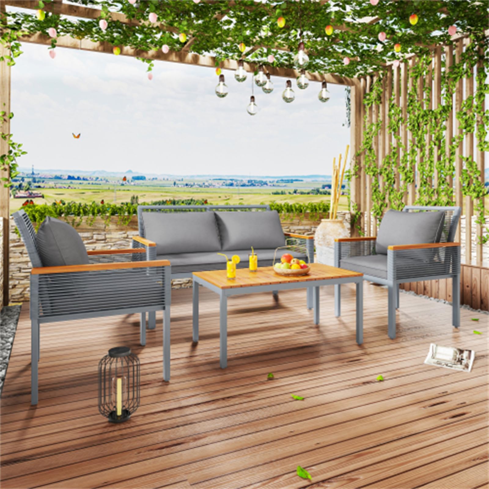 Juego De Salón De Jardín De Ratán Gris De Primera Calidad: Sofá Doble, 2 Sillas, Mesa, Cojines Cómodos, Muebles De Exterior Versátiles para Playa, Jardín, Patio, Balcón, Relajación Y Disfrute