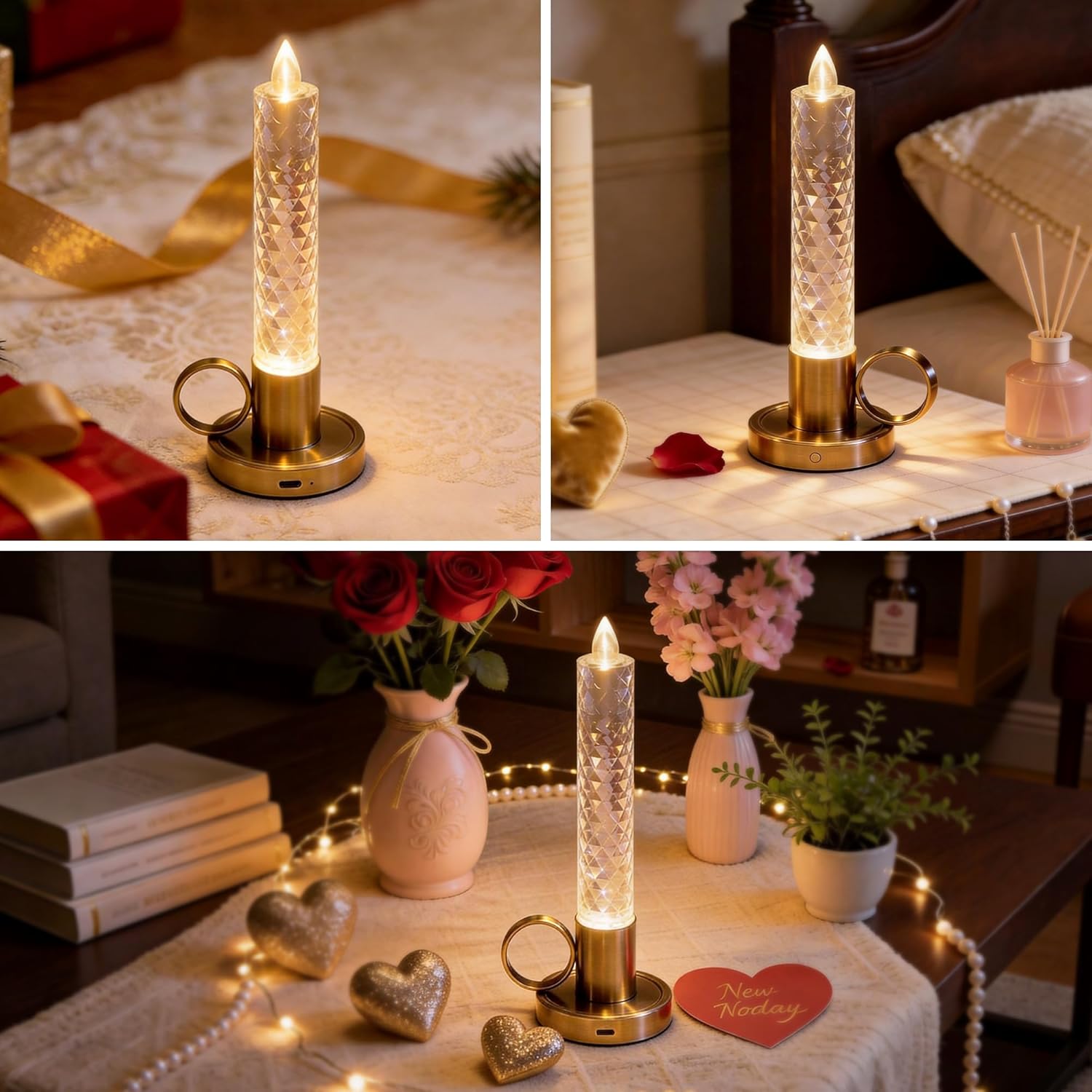 JandCase Flameless Candles, Rechargeable Taper Candles Battery Operated, LED Acrylic Crystal Pillar Candles, 0.4W Dimmable Small Cordless Table Lamp for Valentines Wedding Centerpiece Decorations