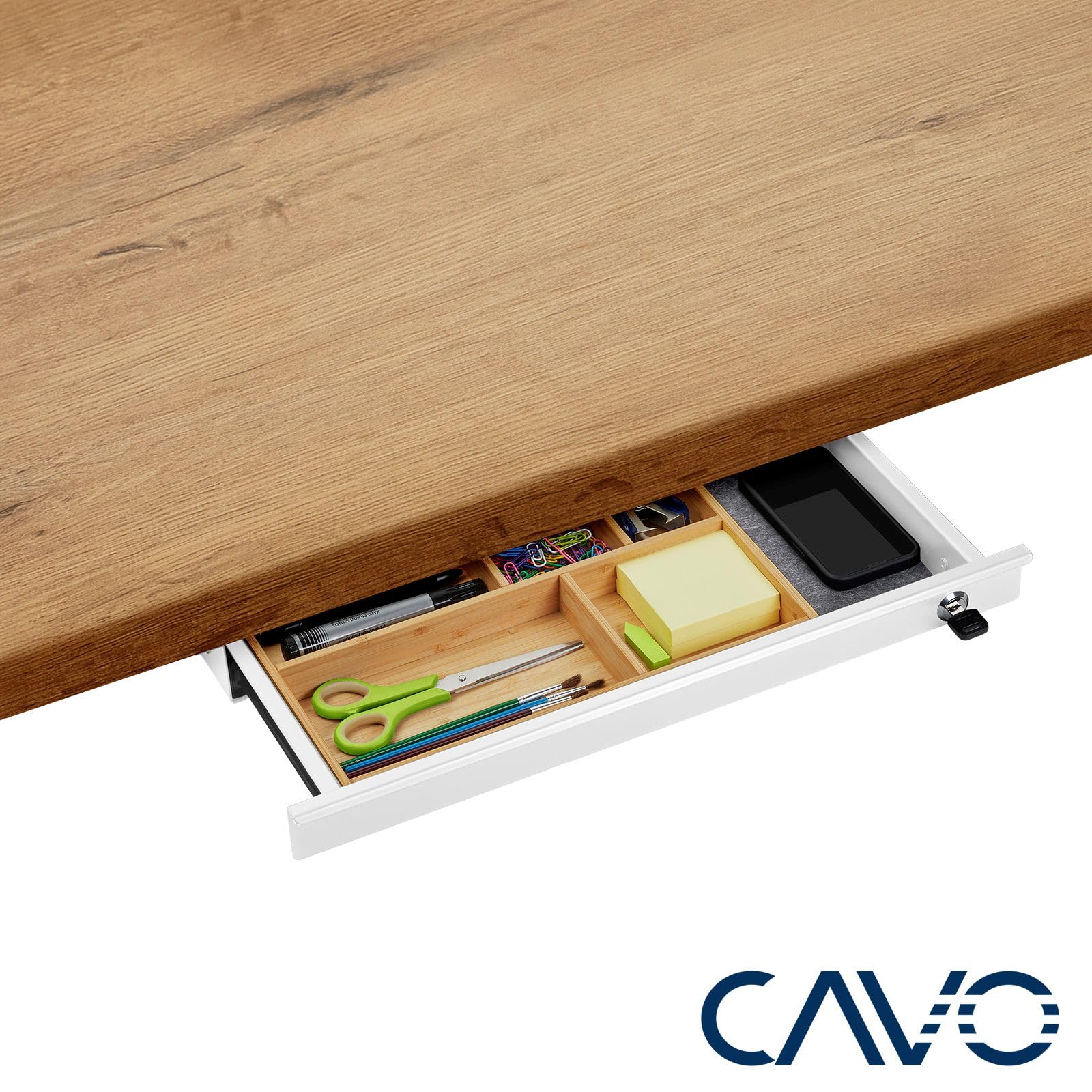 CAVO Cajón portadocumentos con cerradura 500 x 265 x 45 mm blanco con inserto de bambú Cajón para objetos de valor Cajón de escritorio