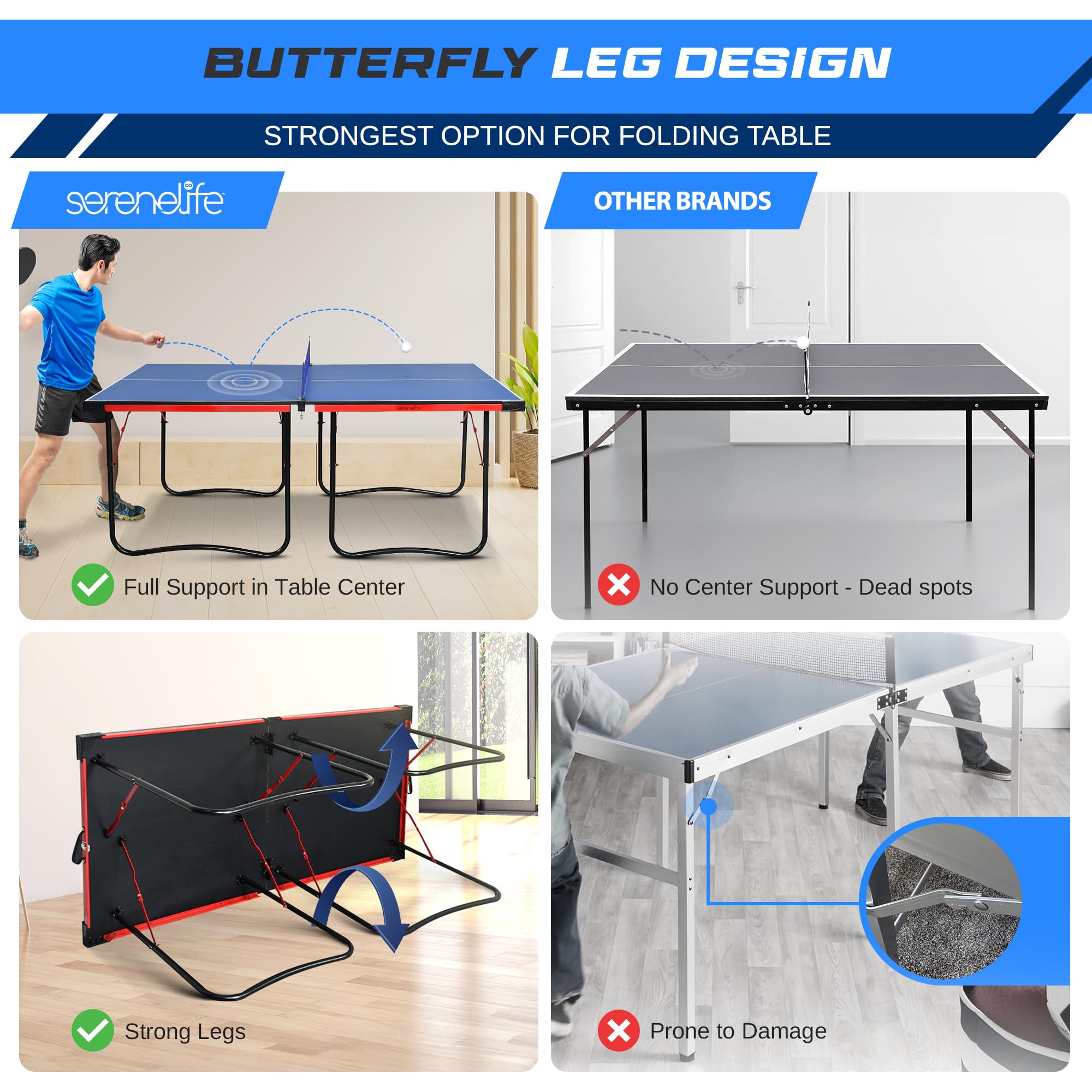 SereneLife Midsize Portable Ping Pong Table Set with Net, Clipper, Post - 6' x 3' Składany Space-Saving Design, Niebieski