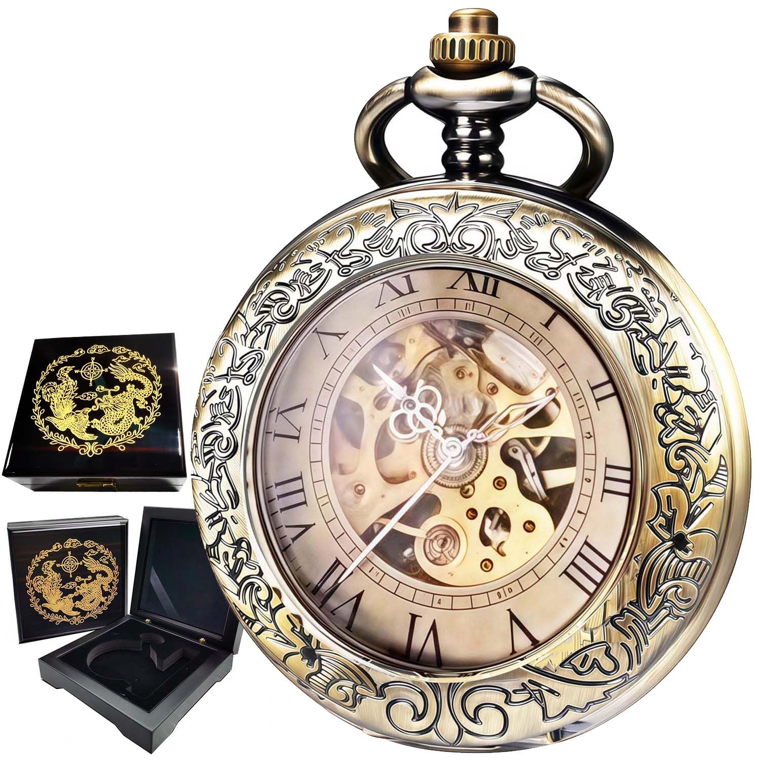 Orologio da tasca meccanico, per uomo e donna, con lente d'ingrandimento speciale, cassa incisa, numeri romani con catena, bronzo