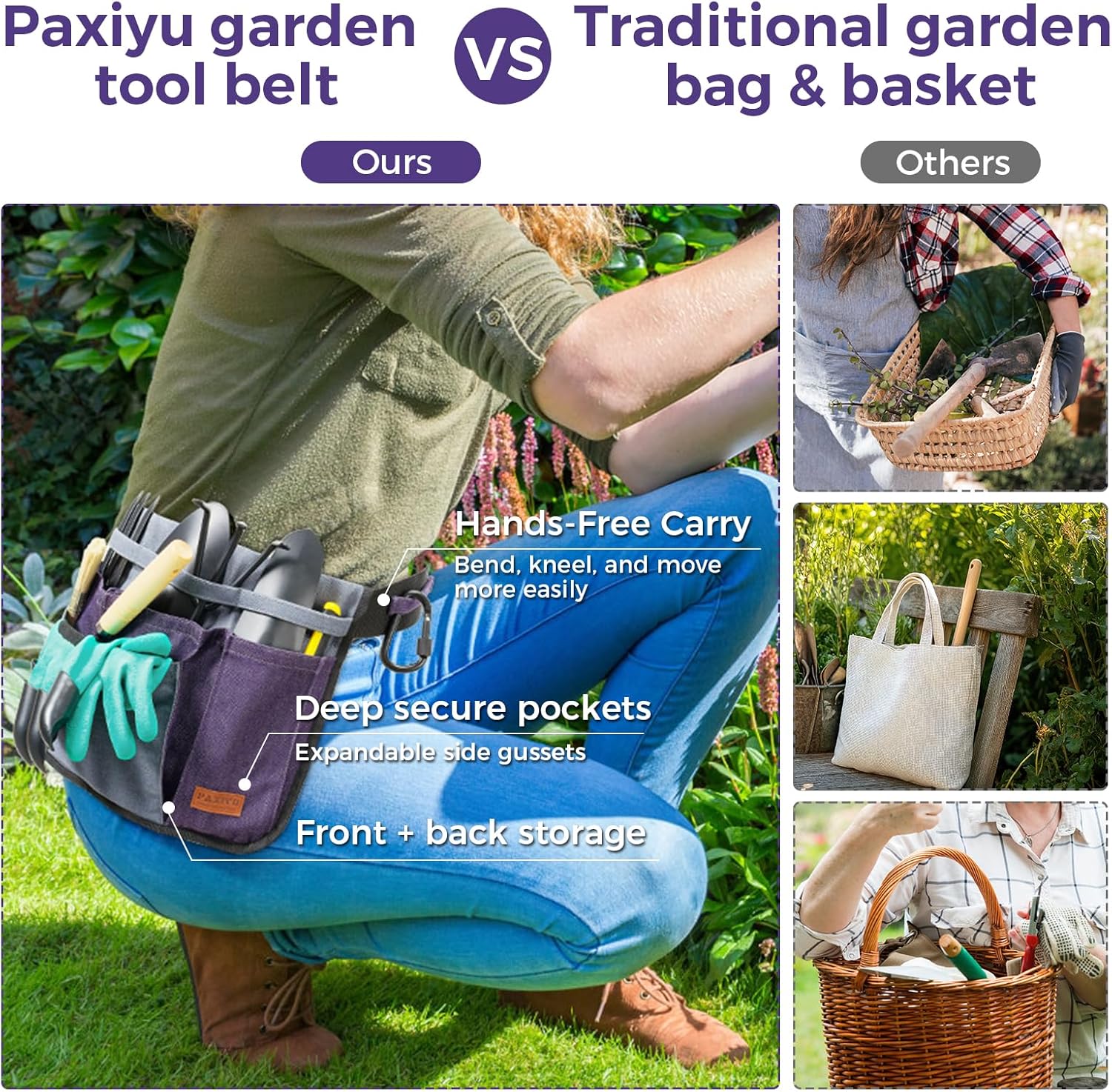 Garden Tool Belt for Men & Women, Denim Wide Adjustable 5-Pocket Waist Tool Apron - Heavy Duty Tool Pouch for Gardening, DIY, Carpenter, Woodworking, Painting, Seamstress, and Crafts (Purple)