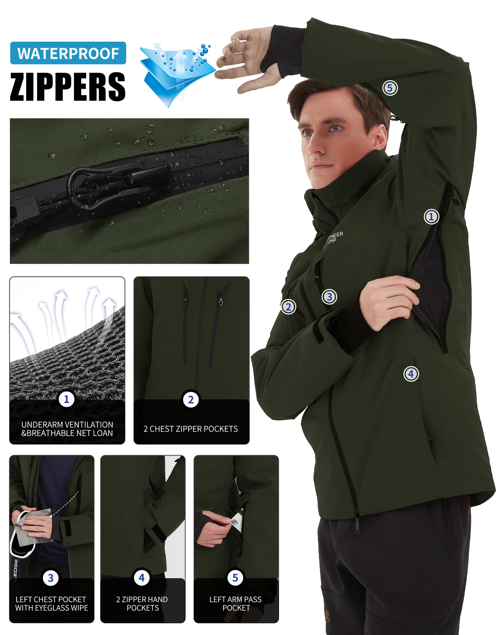 Pioneer Camp Herren Wasserdicht Skijacke Winddicht Snowboardjacke Warm Outdoor Winterjacke mit Kapuze Armeegrün XL
