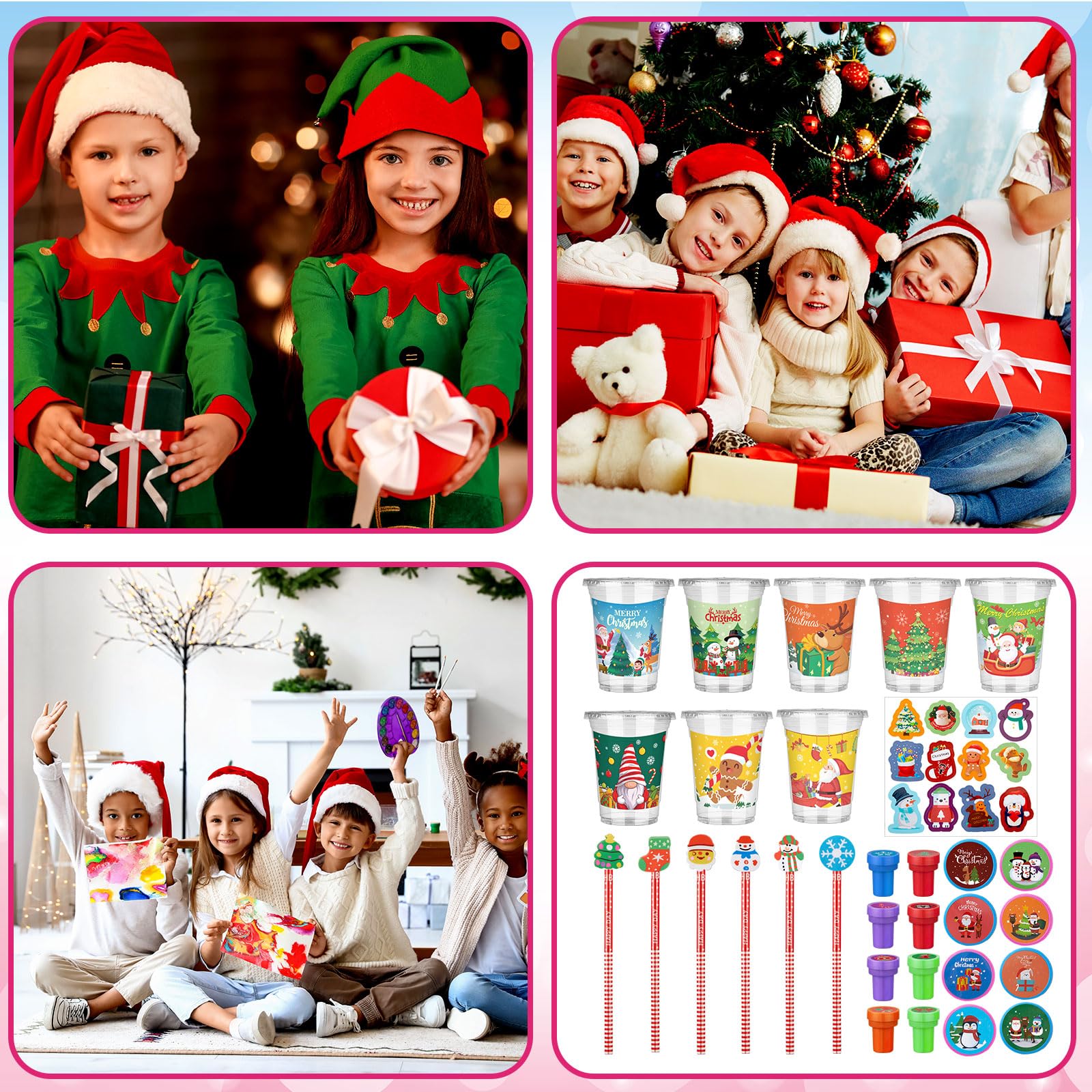 288 Pcs Christmas Stationery Party Favors Christmas Gifts for Students Bulk Christmas School Gifts with Cards Pencils Stickers Erasers Sharpener Cups Stampers Classroom Prize Gift Exchange