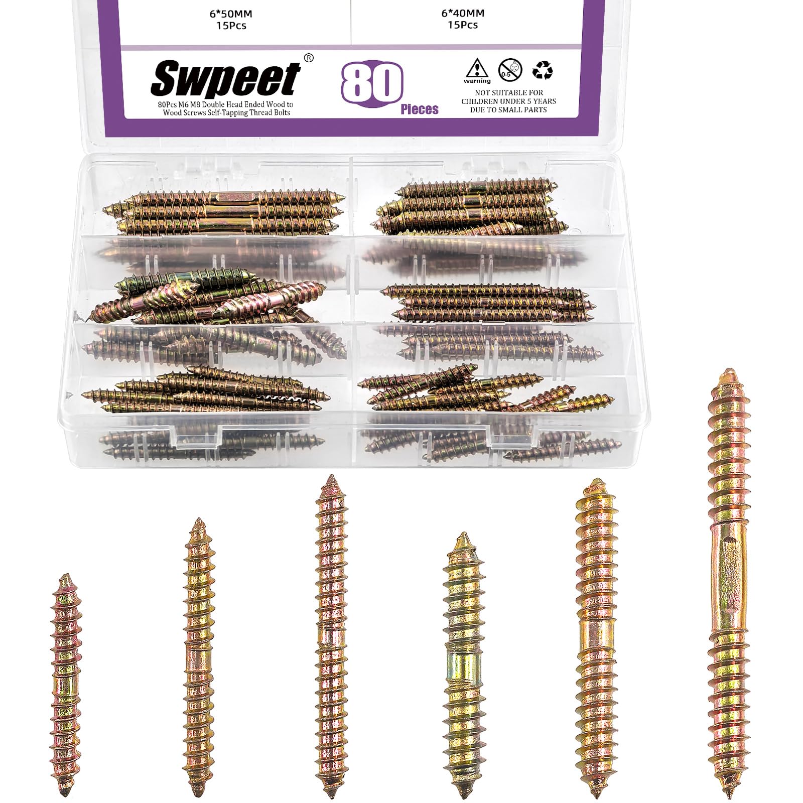 Swpeet 80Pcs 6 Sizes M6 M8 Color Zinc Double Head Ended Screws Assortment Kit, Double Ended Screws, Wood Dowel Screw, Self Tapping Threaded Bolts