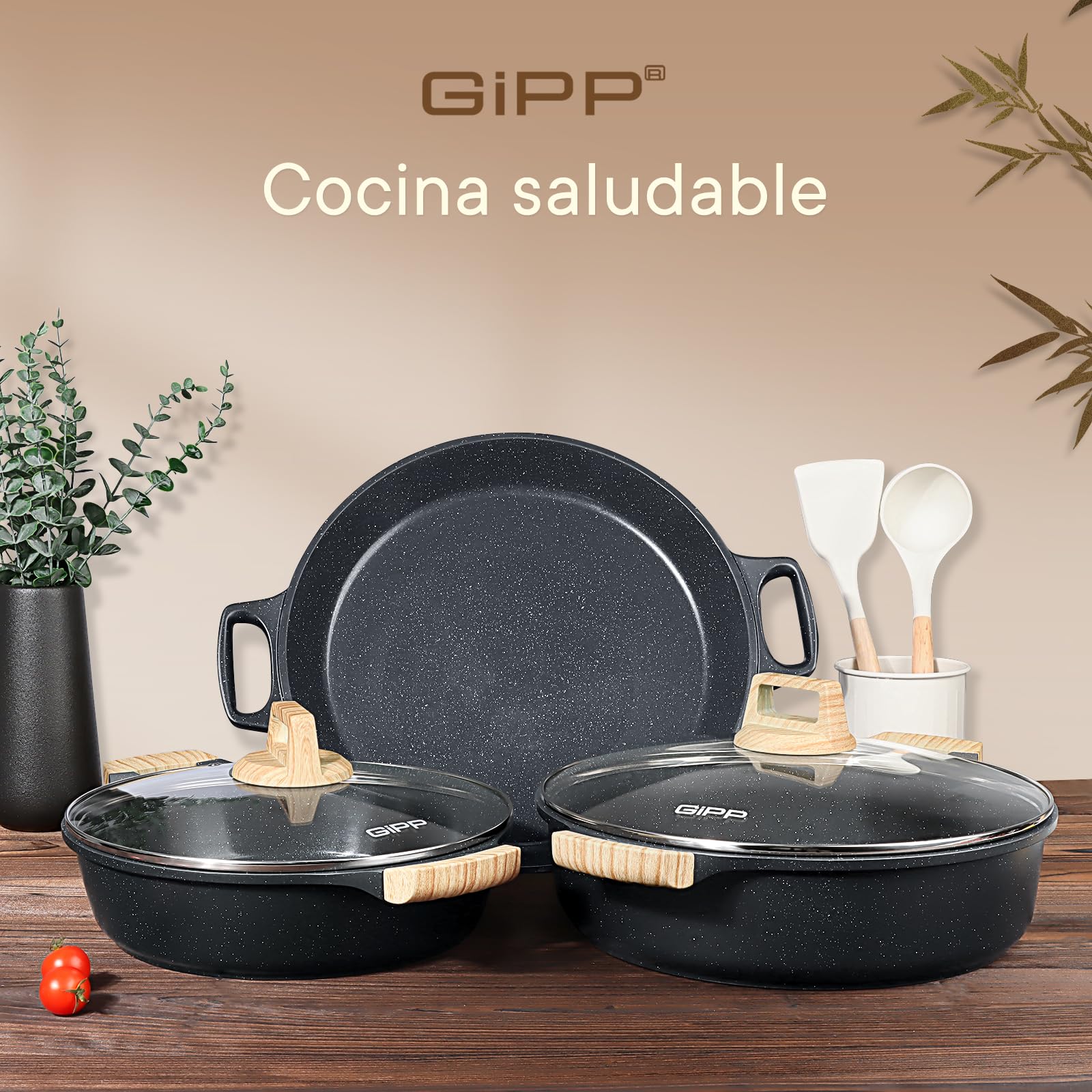 GiPP Cacerola 32cm con Tapa y Mango Antiquemaduras, Ollas Cocina con Revestimiento Cerámico Antiadherente, Aluminio Fundido, Apta Para Todo Tipo de Cocinas Incluida Inducción y Horno, Altura 8.5 cm
