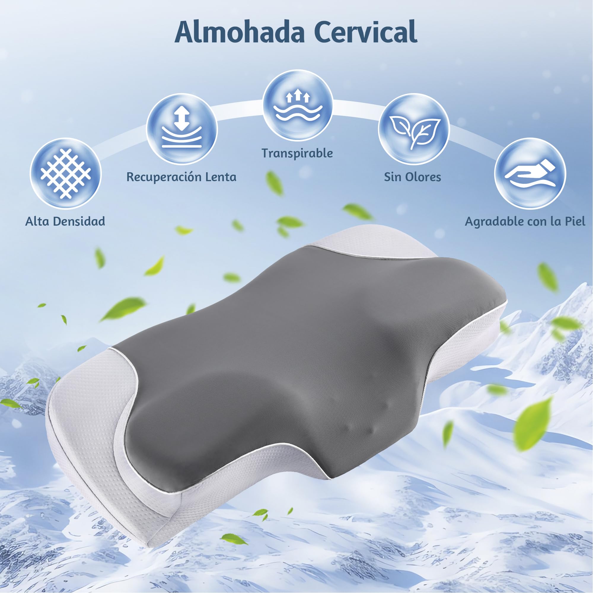 YunNasi Almohada Cervicales y Cuello Espuma de Memoria Almohada Ergonómico | Almohada Ortopédica, Viscoelástica, Soporte de Cabeza, Para Dormir de Lado, Para Dormir Boca Arriba