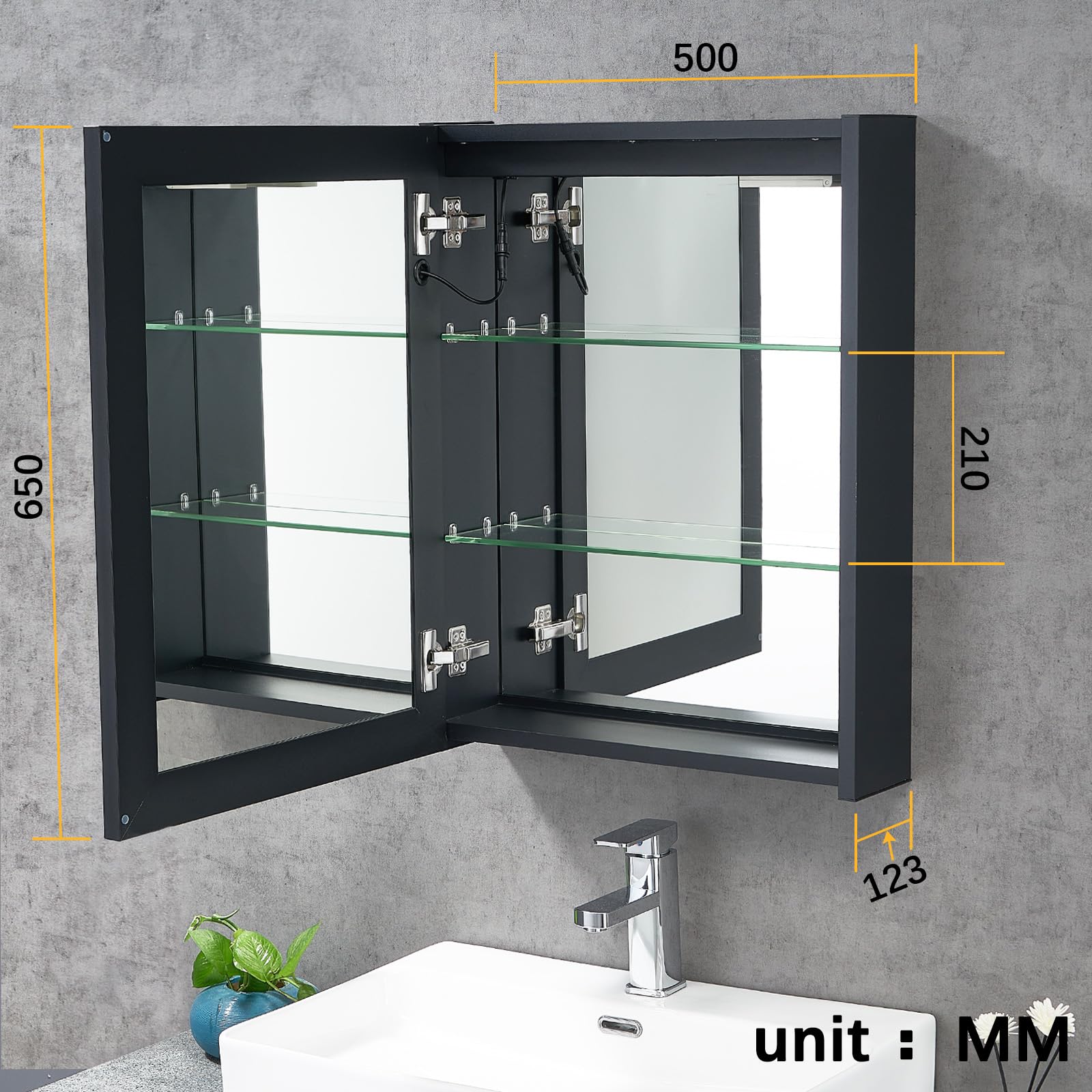 T&K LED Szafka łazienkowa z oświetleniem i odmgłową 50 x 65 cm, z dolnym oświetleniem otoczenia, gniazdo i gniazdo USB, szafka ścienna ze stopu aluminium do lustra łazienkowego