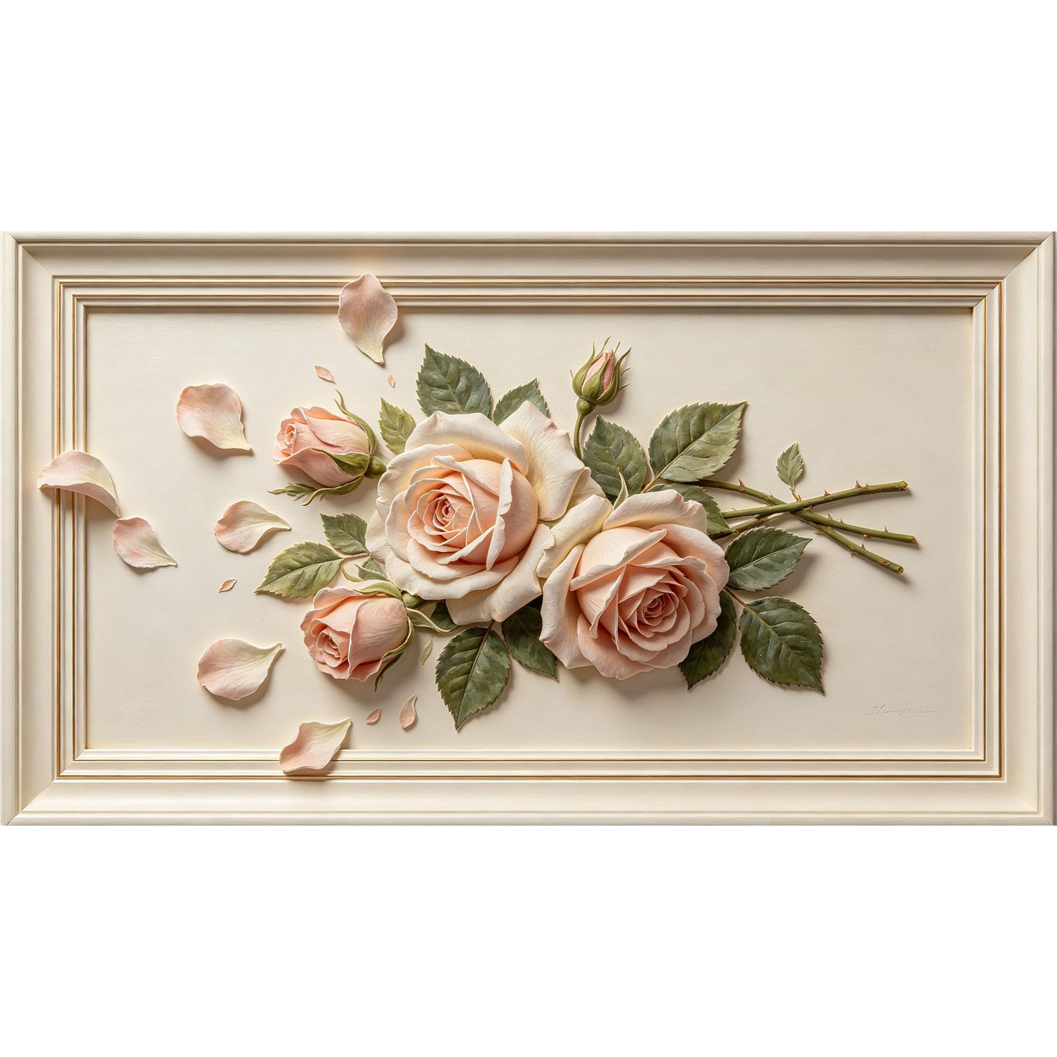 QZLITHOTIC 50x90cm3D Framed Wall Art， Botanical Rose Blossom Textured Floral Self‑Adhesive Mural， Water‑Activated Peel & Stick Fabric Decor Wall Decal for Bedroom Living Room