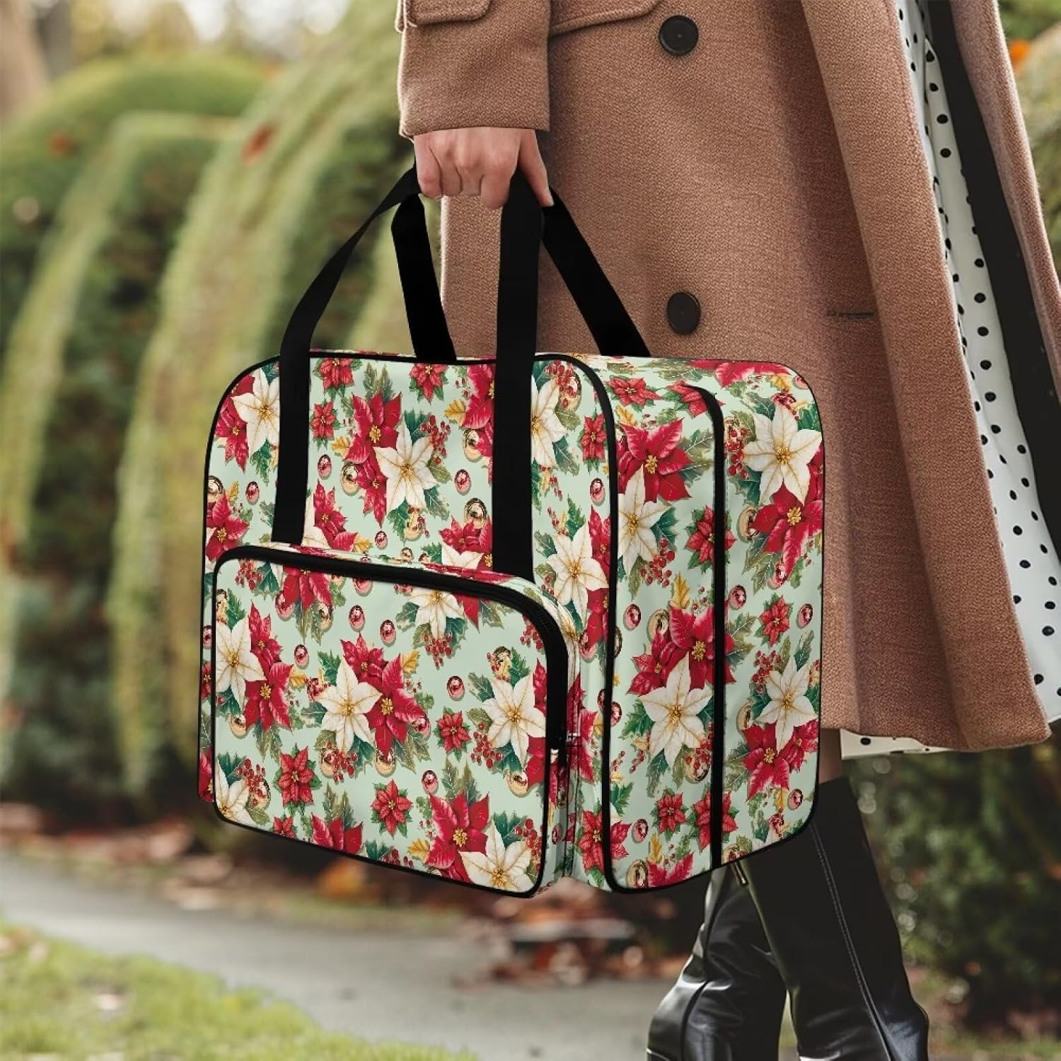 Sewing Machine Tote Bag Versatile Appliance Dust Storage Bag Universal Portable Sewing Machine Accessories Organizer Bag with Handle and Soft Cushion, Poinsettia Bauble