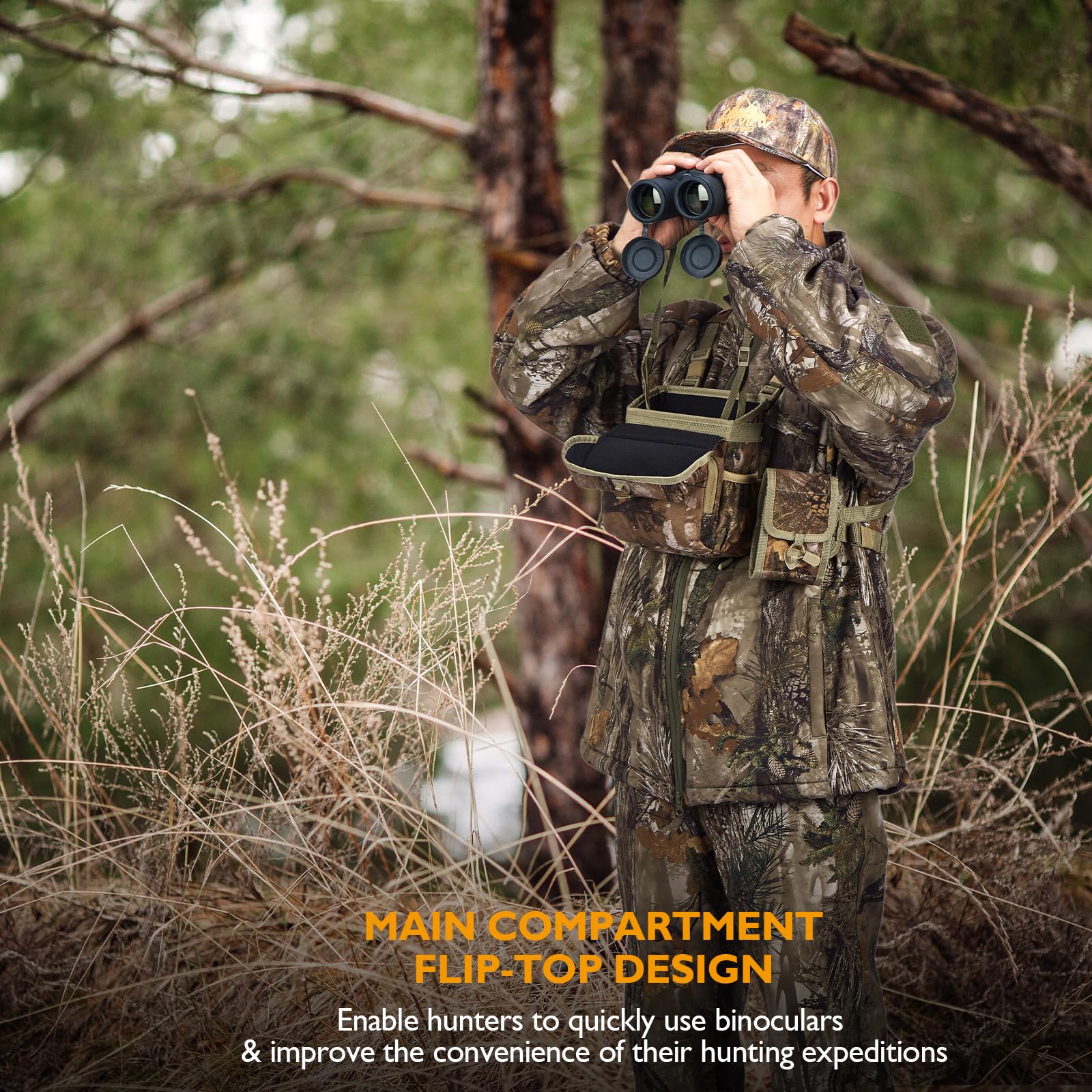 NewView Arnés Binocular para Pecho con Bolsa de telémetro Desmontable, Correa bino Ajustable y Protector de Lluvia, Ideal para Caza, Senderismo y observación de Aves, M, Camuflaje, Camuflaje