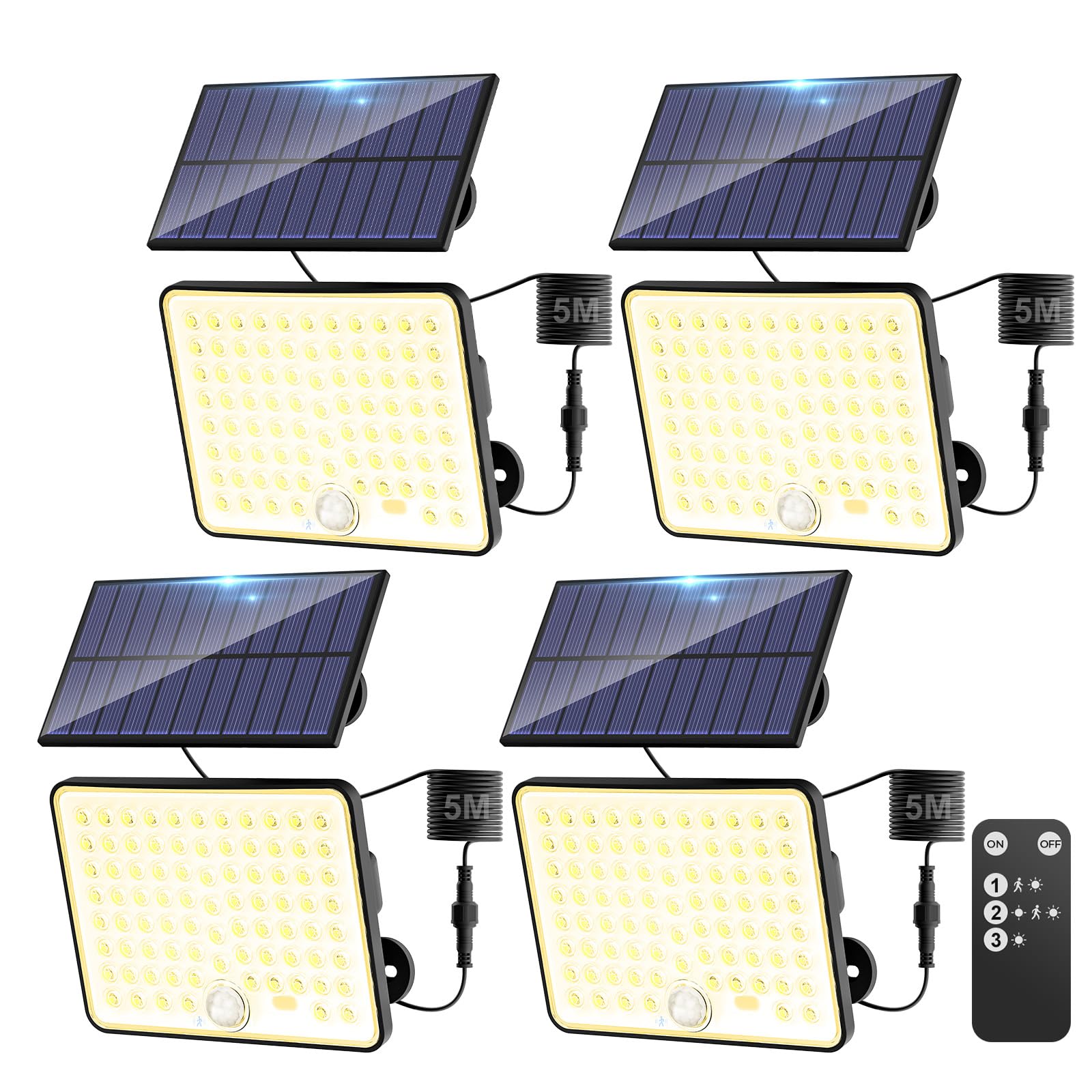 kolpop 4 confezioni di faretti a LED per esterni, solari, con sensore di movimento, con telecomando, IP65, impermeabile, luce solare, 3 modalità, luce solare esterna, potente per giardino, cortile