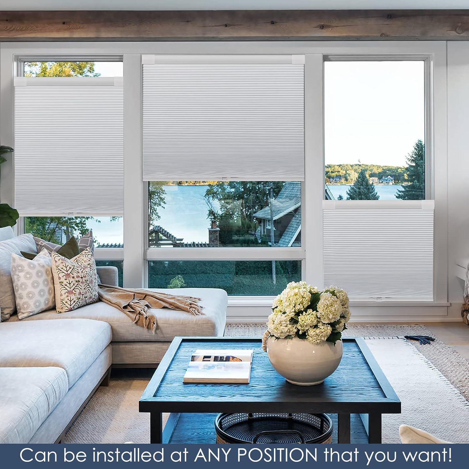 Keego No Drill Blinds Cellular Shades No Tools Shades for Windows Cordless Honeycomb Blinds for Indoor Windows Shades Easy to Install, White Blackout