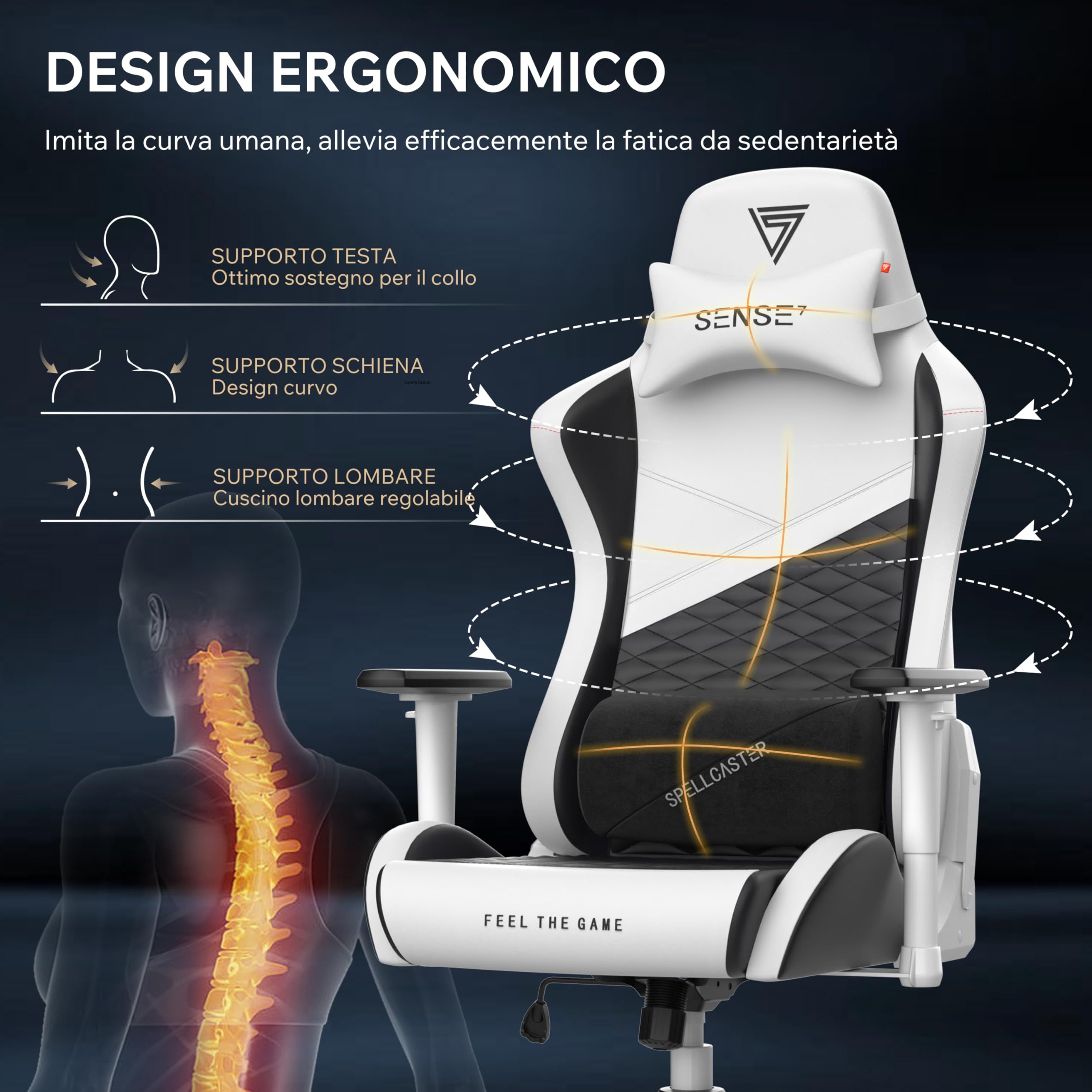 SENSE7 Poltrona da gioco Spellcaster Edizione Senshi XL, ergonomico, cuscini lombari regolabili, inclinazione regolabile, funzione di oscillazione, sedia da gioco in similpelle, 150kg, sedia PC bianca