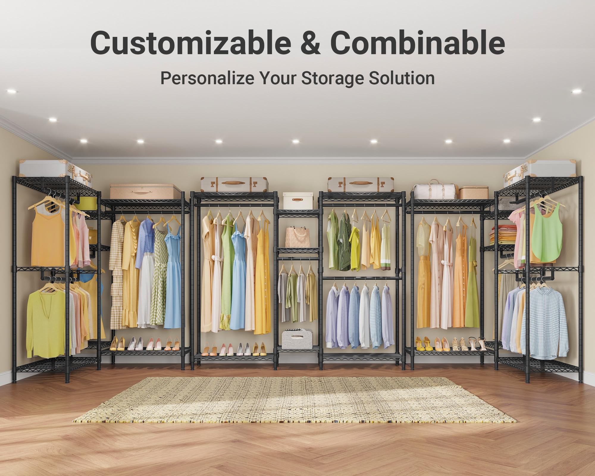 VIPEK Classic V6 Wire Garment Rack Heavy Duty Clothes Racks with Shelves, Freestanding Portable Wardrobe Closet Rack for Hanging Clothes Closet System 68.9" L x 15.7" W x 76.4" H, Load 850LBS, Black