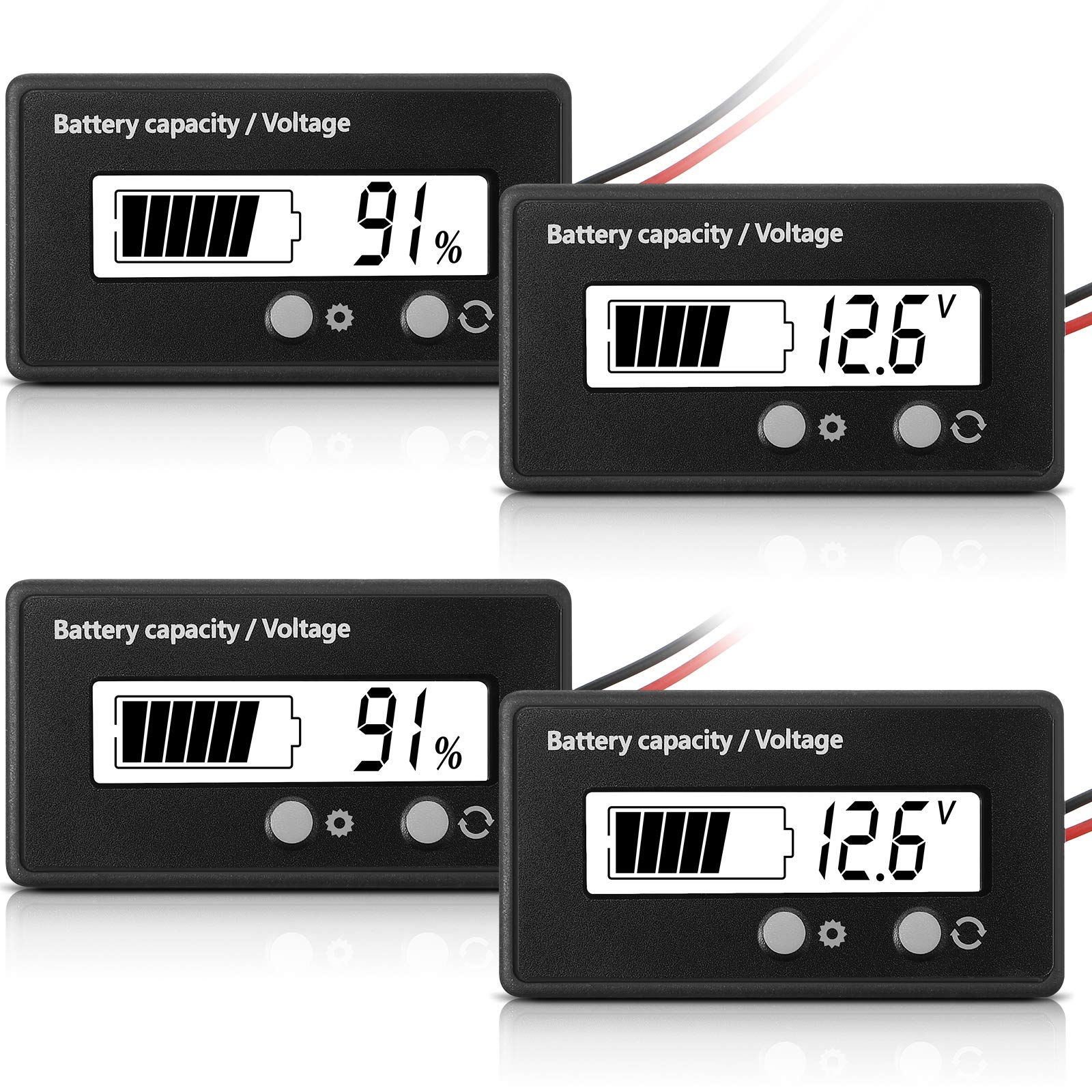 Frienda 2 Pieces DC 12V 24V 36V 48V 72V Battery Meter with Alarm, Front Setting and Switch Key, Battery Capacity Voltage Indicator Gauge, Monitors Lead-Acid and Lithium ion(White)