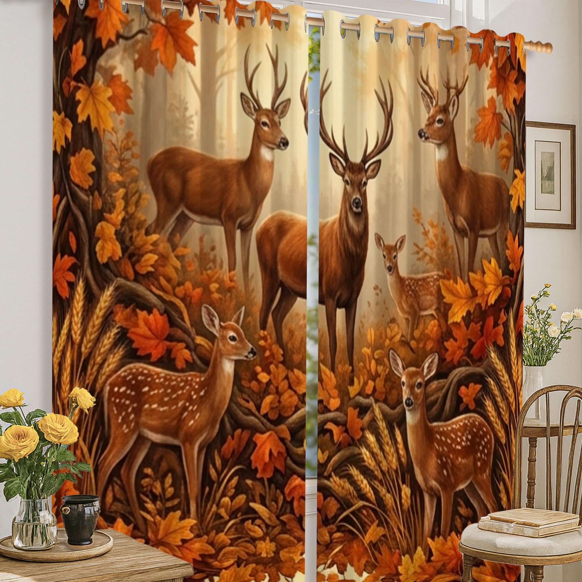 Rideaux occultants nature marron 132x183 cm à motifs feuilles et arbres pour chambre et bureau
