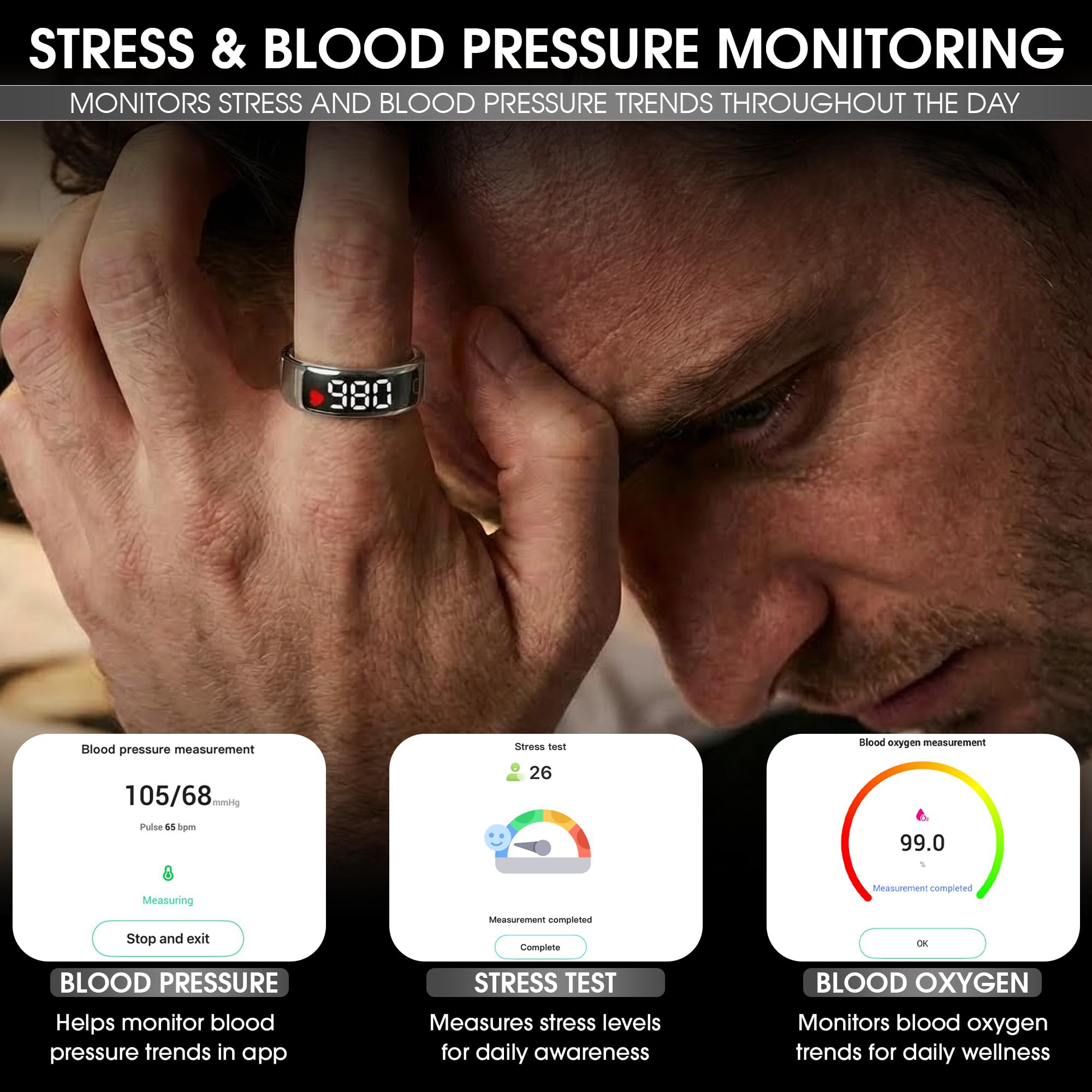 N&G Anillo inteligente para hombres y mujeres, anillo de seguimiento de fitness y salud con pantalla LED, frecuencia cardíaca, contador de pasos y monitor de sueño, modos multideporte, resistente al