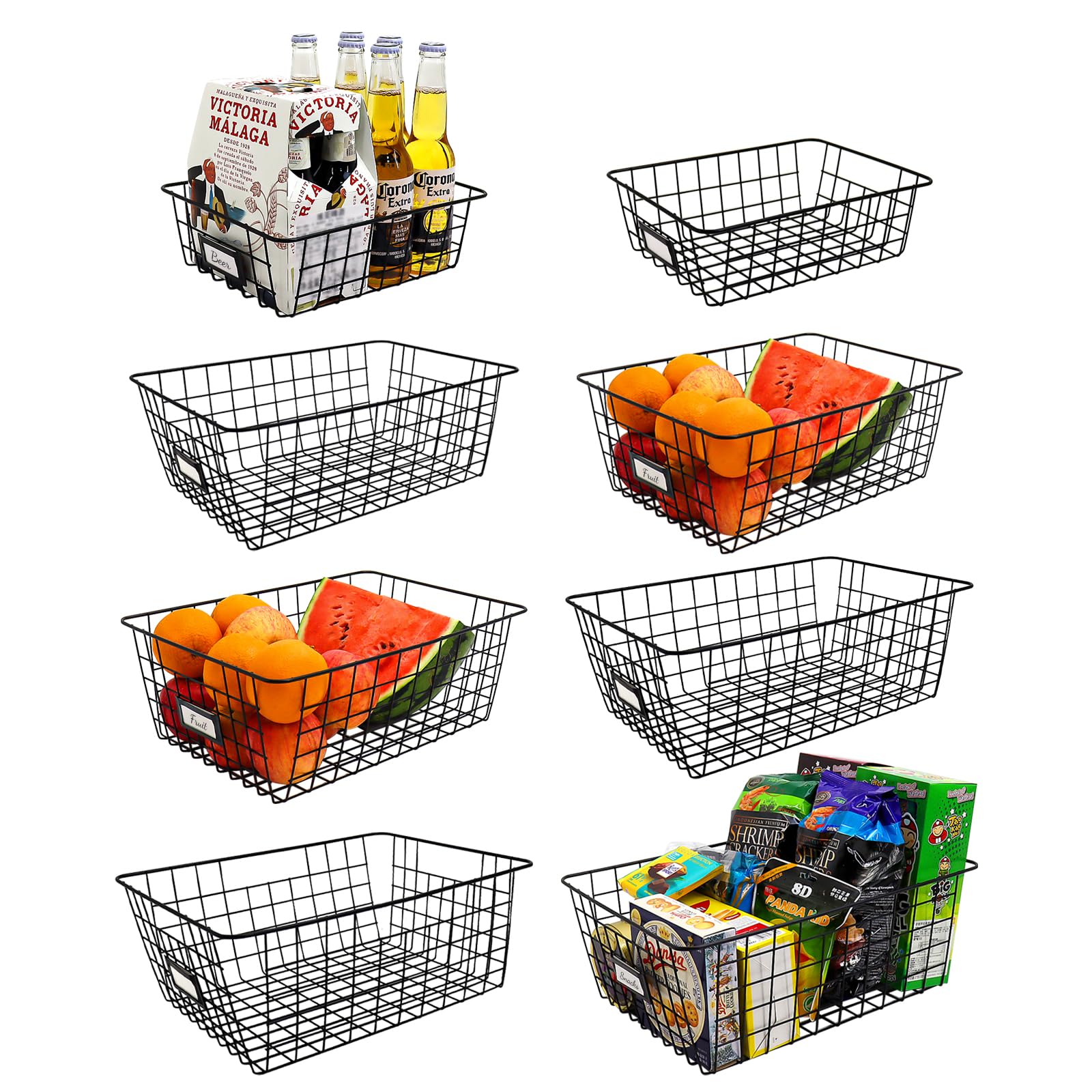 8 Pack Wire Storage Baskets with Handles, Black, XXL Large, 15.6"L x 11.2"W x 6"H