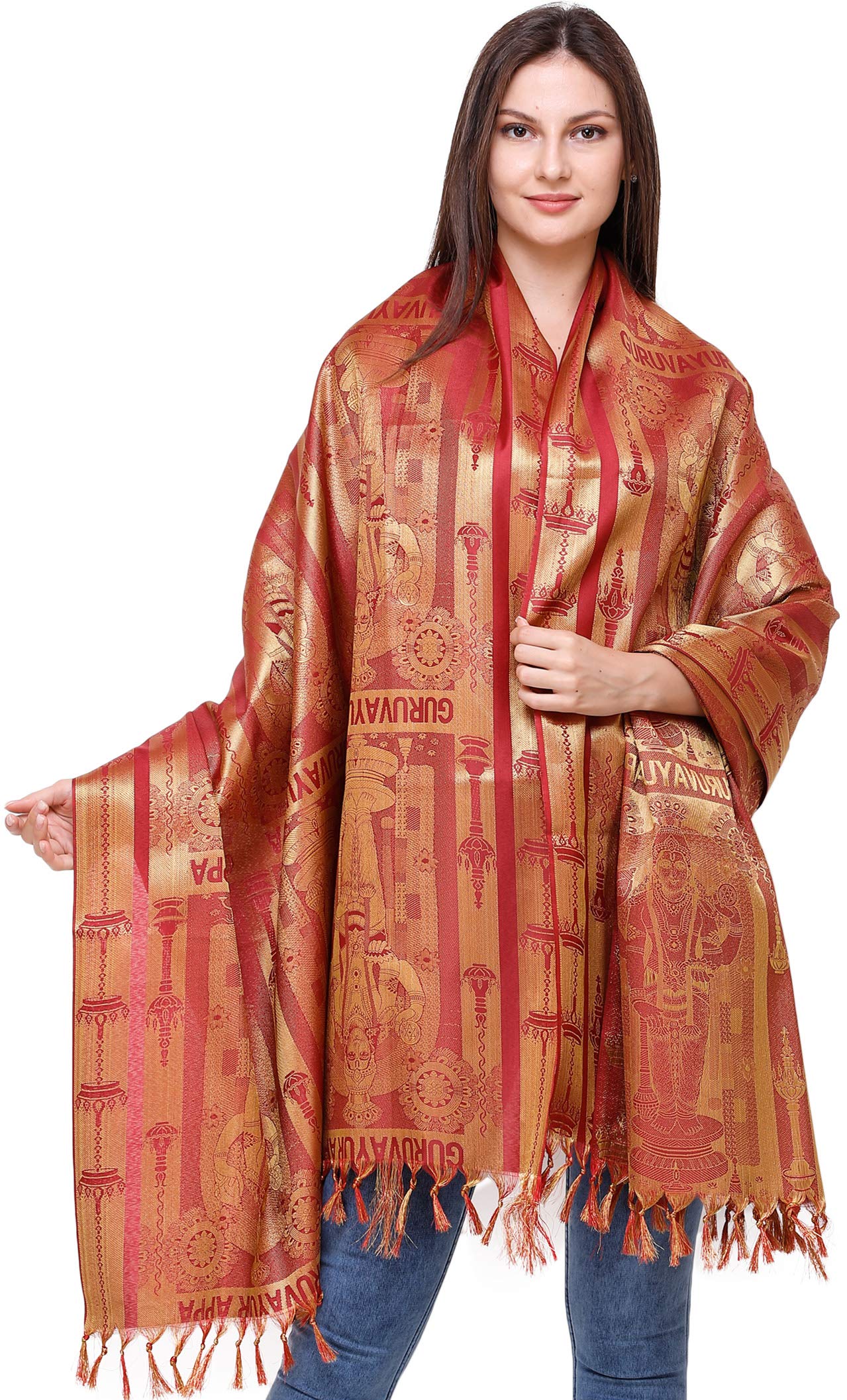 exotic india Brocaded Guruvayur Appa Prayer Shawl from Tamil Nadu - Color Tango Red-picture-23