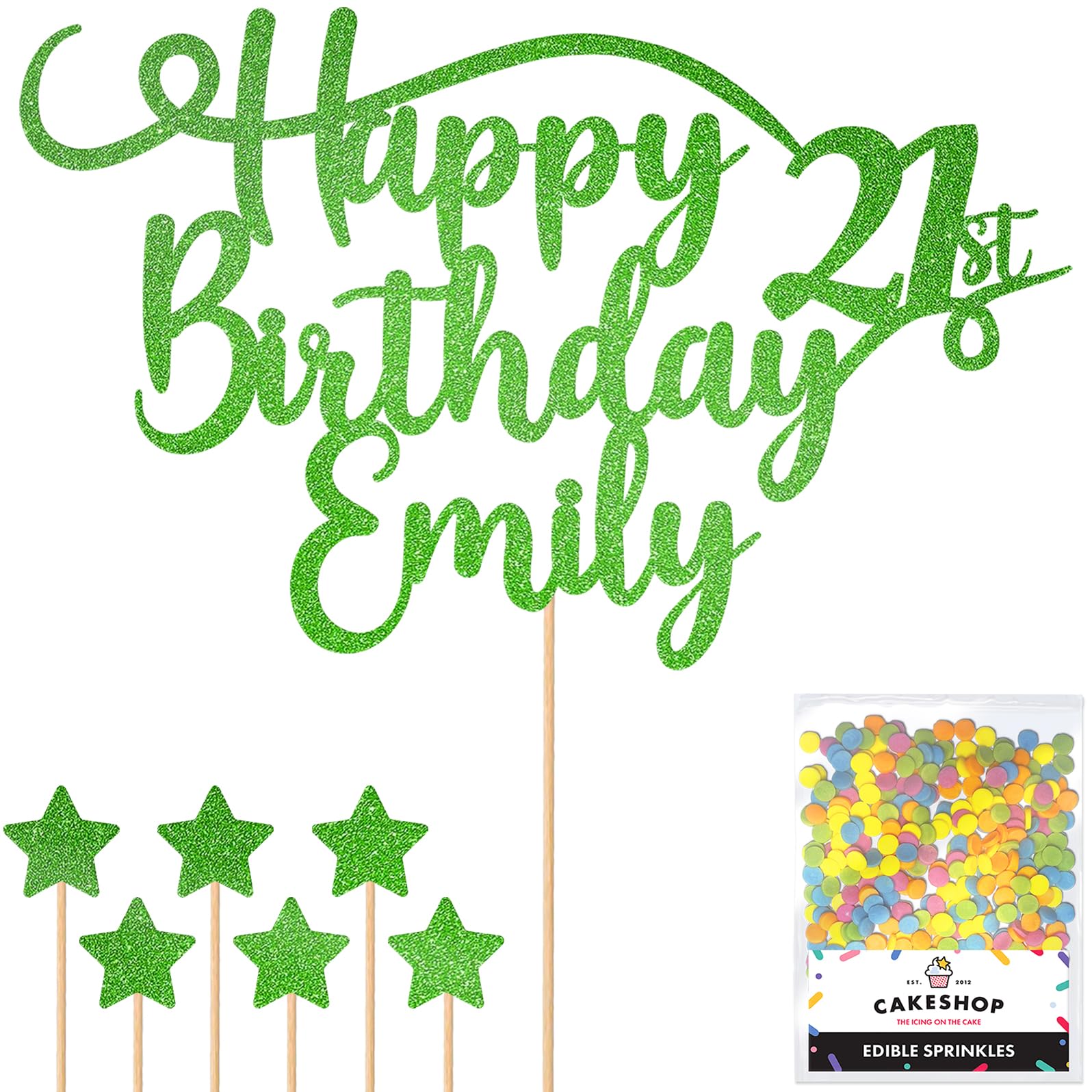 Personalised Happy Birthday Glitter Cake Topper - Green Any Name & Any Age Glitter Cake Decoration and Sprinkles - Happy Birthday Decorations - Personalised Toppers for Cakes by Cakeshop