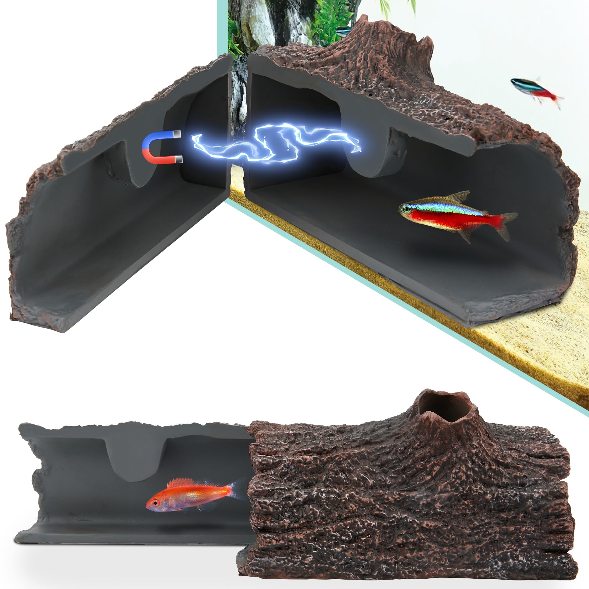 Upgraded Magnetic Detachable Aquarium Hideaway Hollow Tree Cave to Check Your Aquatic Pets to Breed Play and Rest