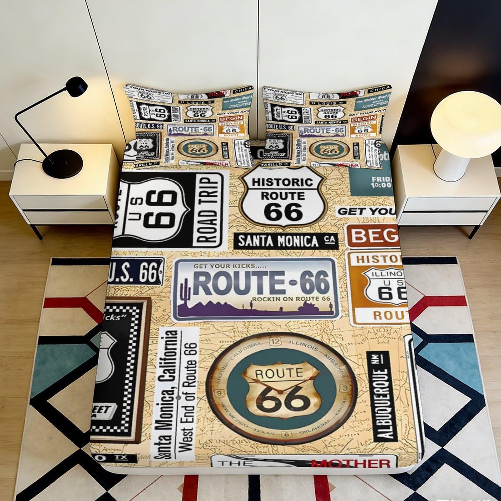 3D Printed Vintage Route 66 Fitted Sheet Microfiber Retro Road Sign Bed Cover, Anti-Slip, Bedroom Dorm Decor, Easy Care 90x200x25cm
