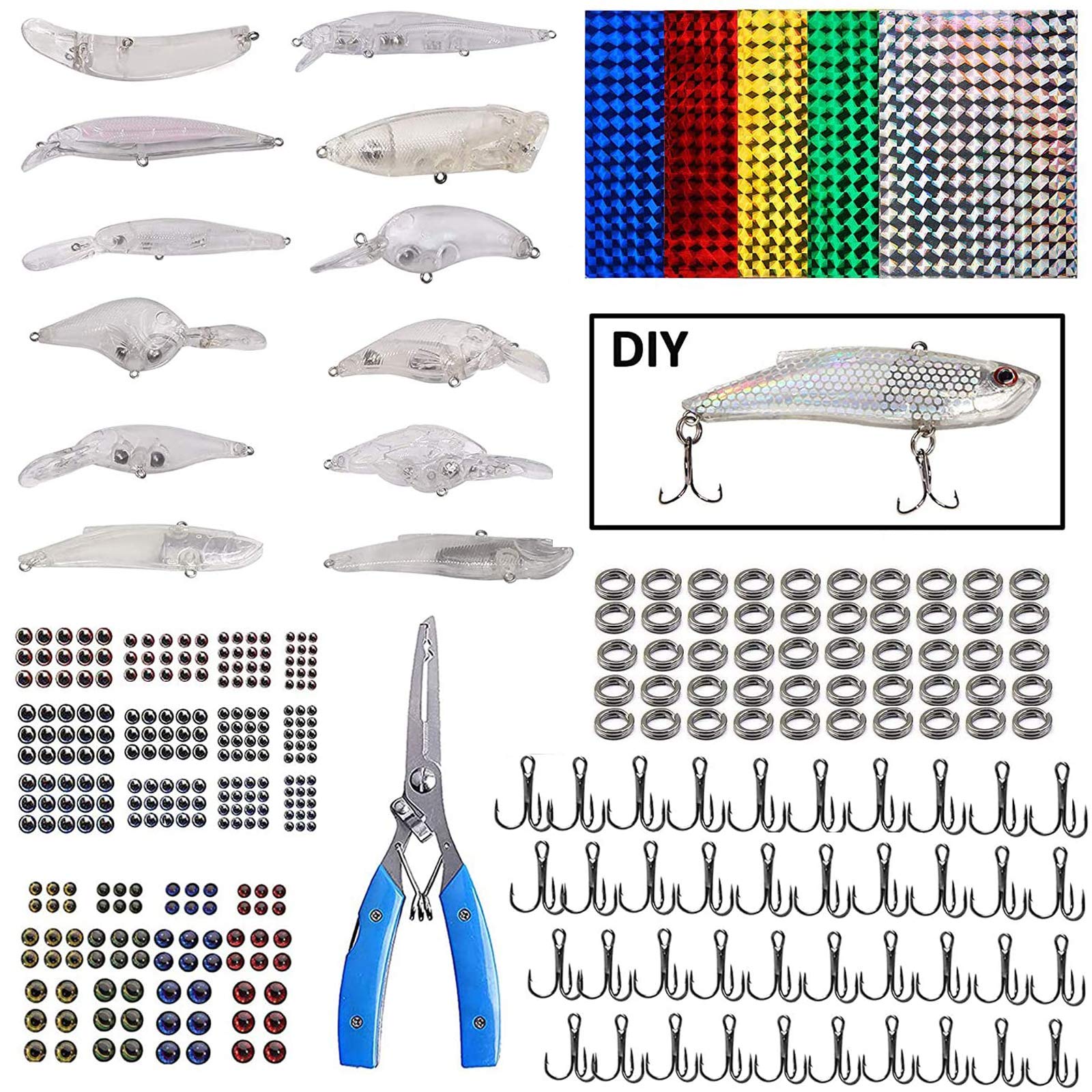Unpainted Fishing Lures DIY Minnow Kit - 363 Blank Hard Crankbait Lures Set Fishing Pliers Scissors,Treble Hooks,Split Rings,Fishing Stickers,3D Eyes for Making Lures DIY Fishing Tackle Kit