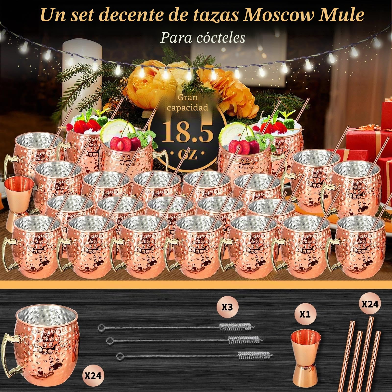 Moscow Mule - Juego de 24 tazas chapadas en cobre de 18 oz (532 ml) a granel, tazas grandes de acero inoxidable martillado con asa, 1 jigger doble de acero inoxidable de 0,5 oz (15 ml), pajitas de