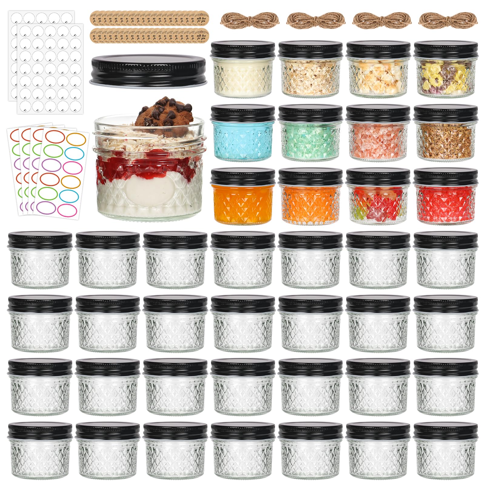Tarros de vidrio de 4 onzas con tapa negra, paquete de 40 mini tarros de conserva de boca regular para caviar, miel, mermelada, gelatina, mantequillas corporales, especias, vela de bricolaje