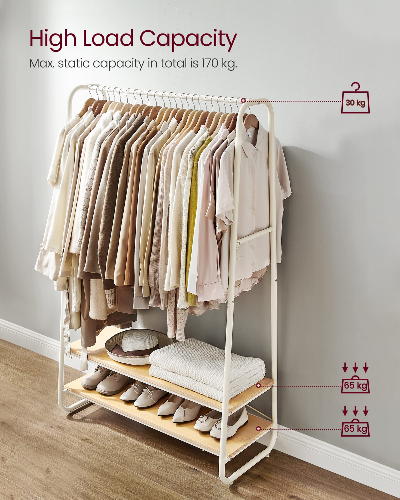 VASAGLE ハンガーラック コートハンガー RGR112W09 つ219 VASAGLE Clothes Rail, Clothes Rack with 2 Shelves, 6 S-Shaped