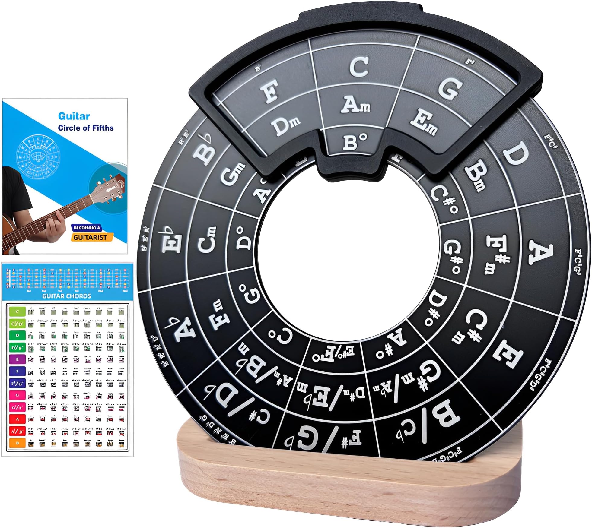 Circle of Fifths Wheel Metal Melody Tool with Guitar Chord Chart Music Theory Book and Wooden Stand for Musical Instruments, Black