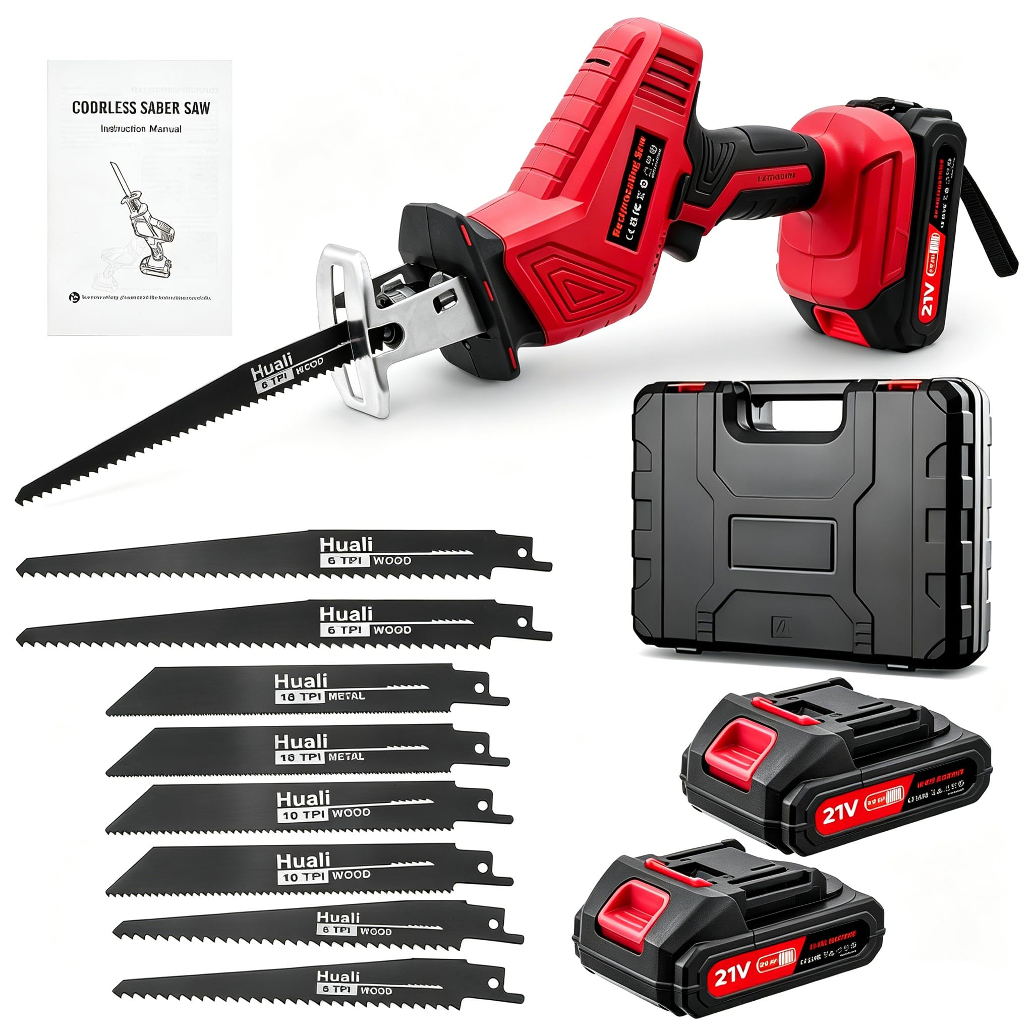 21V Cordless Reciprocating Saw, 0-4000 RPM Variable Speed | 8 Blades & 2 Batteries Included | for Metal, Wood, PVC & Pipe Cutting | Electric Hand Saw for DIY & Construction - Red