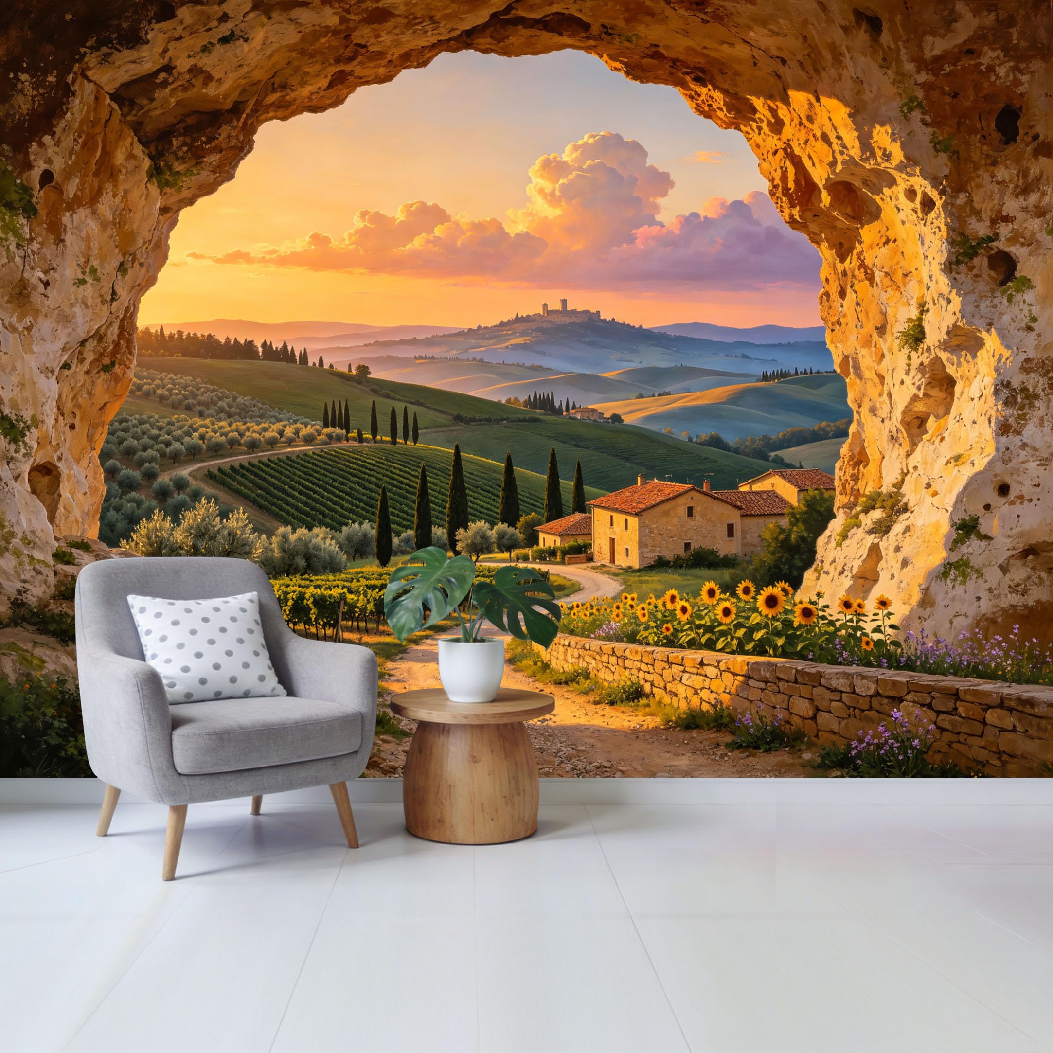 Custom Size Wall Mural Tuscany Landscape Vineyard Sunset View Through Cave Removable Self Adhesive Fabric Home Wall Decor for Living Room Bedroom Bathroom
