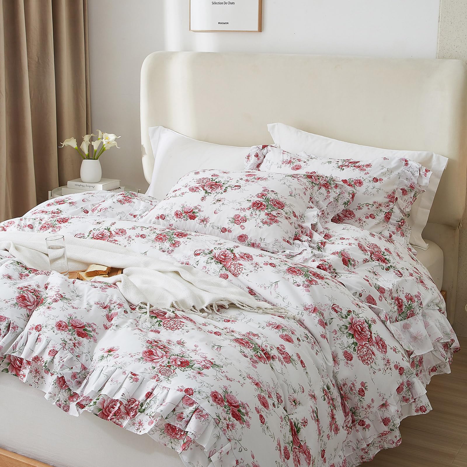 VM VOUGEMARKET Ruffle Full Duvet Covet with Pink Red Flower Prints Romantic Princess Style Lace Bedding Set Vintage Floral Duvet Cover Set with Zipper for Teen Girls