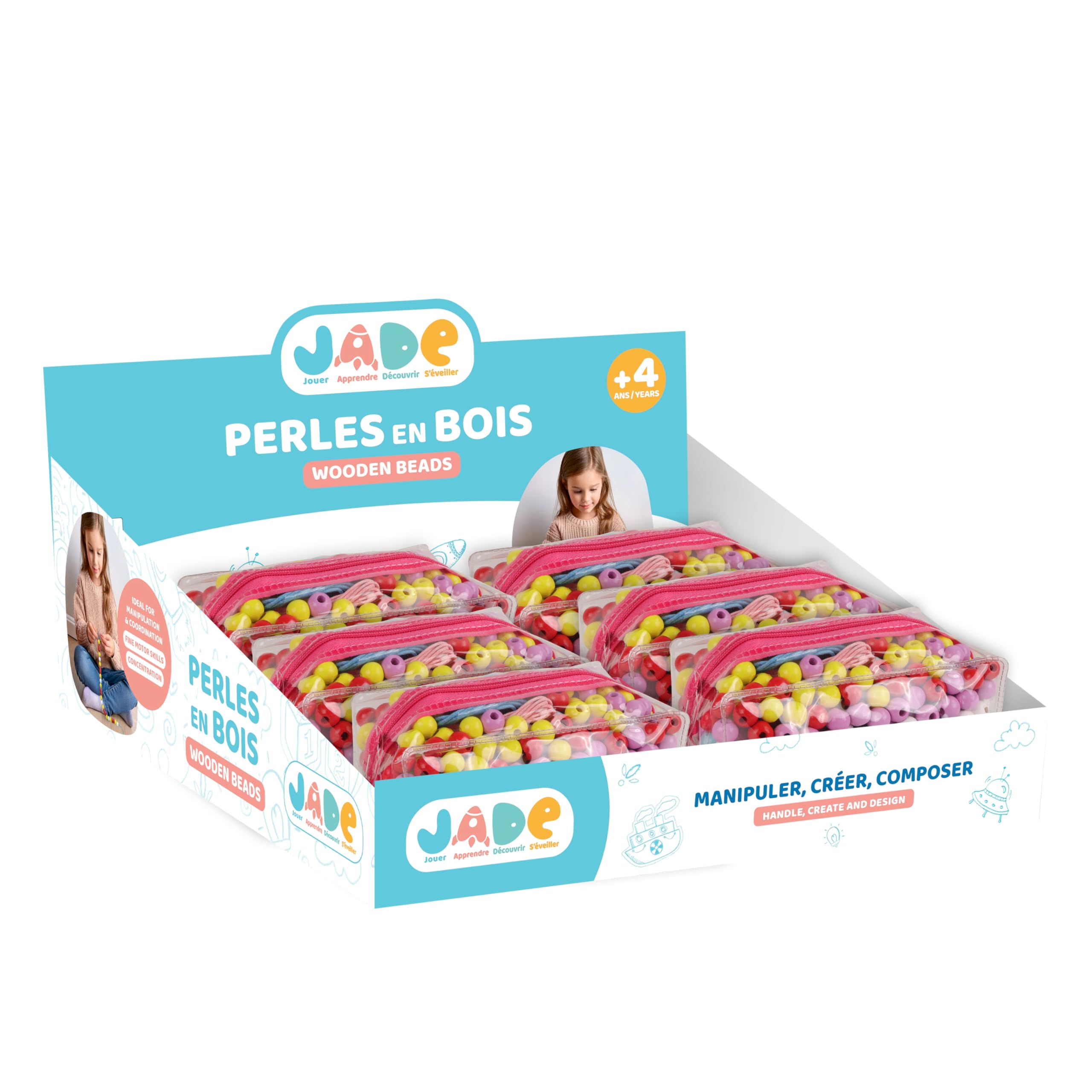 J.A.D.E - Pack de 12 Trousses de 400 Perles - Loisir Créatif - 105722PA - Bois FSC - Activités Manuelles - Set - Adultes - Enfants - Cadeaux - Anniversaire - Écoresponsable - À Partir de 4 ans